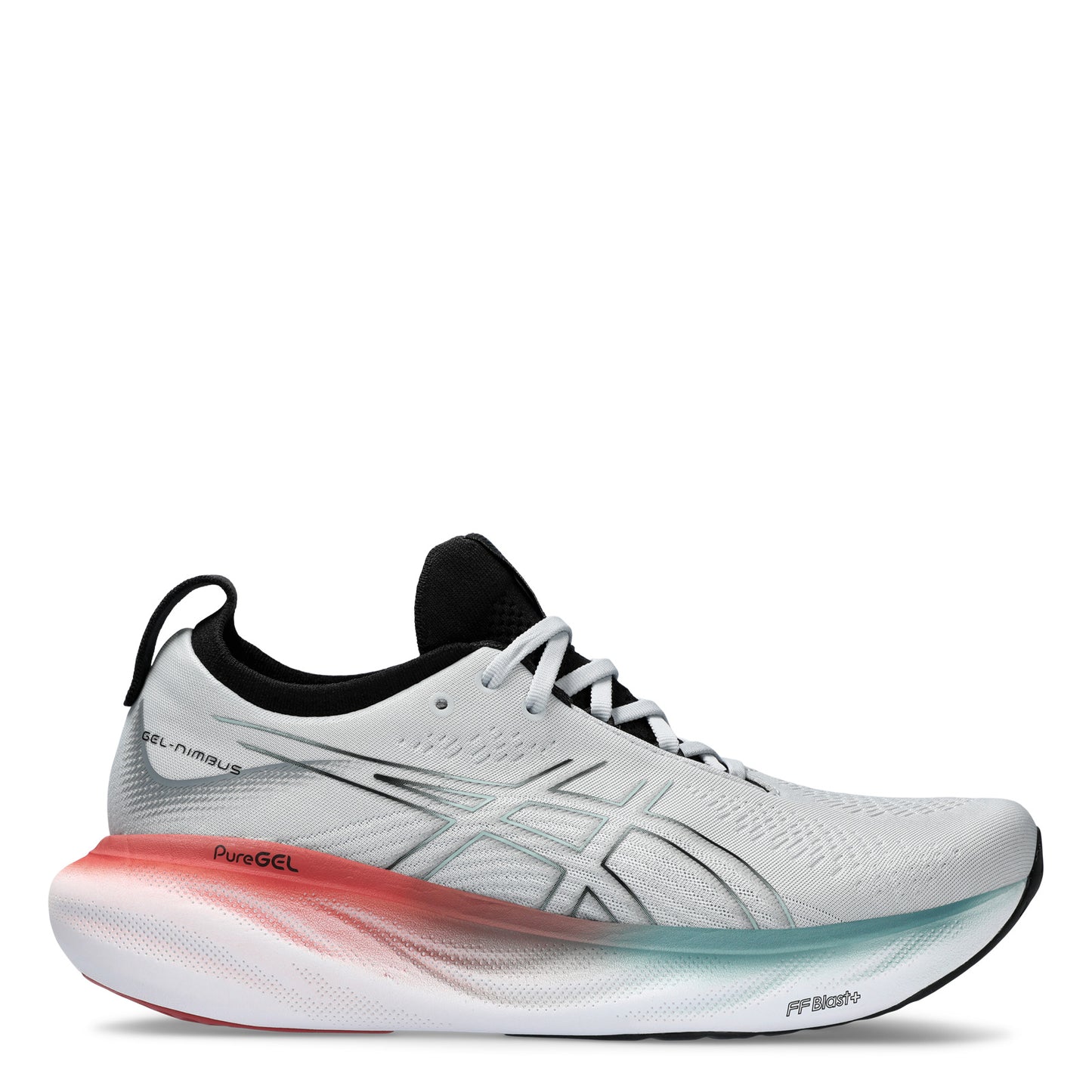 Peltz Shoes Men's ASICS GEL-Nimbus 25 Running Shoe Grey Teal Orange 1011B547-023