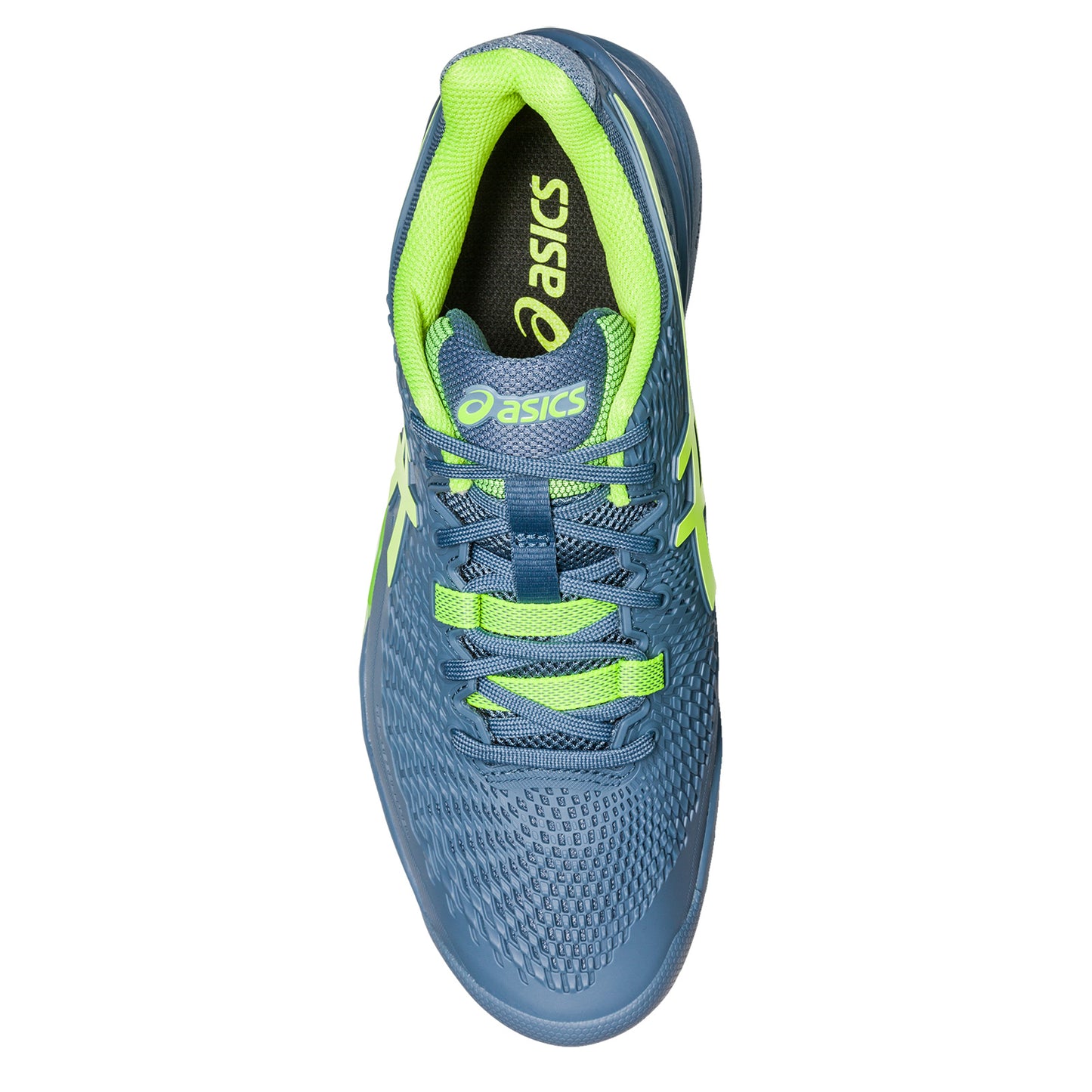 Peltz Shoes Men's ASICS GEL-Resolution 9 Tennis Shoe - Wide Width STEEL BLUE/HAZARD GREEN 1041A376-400