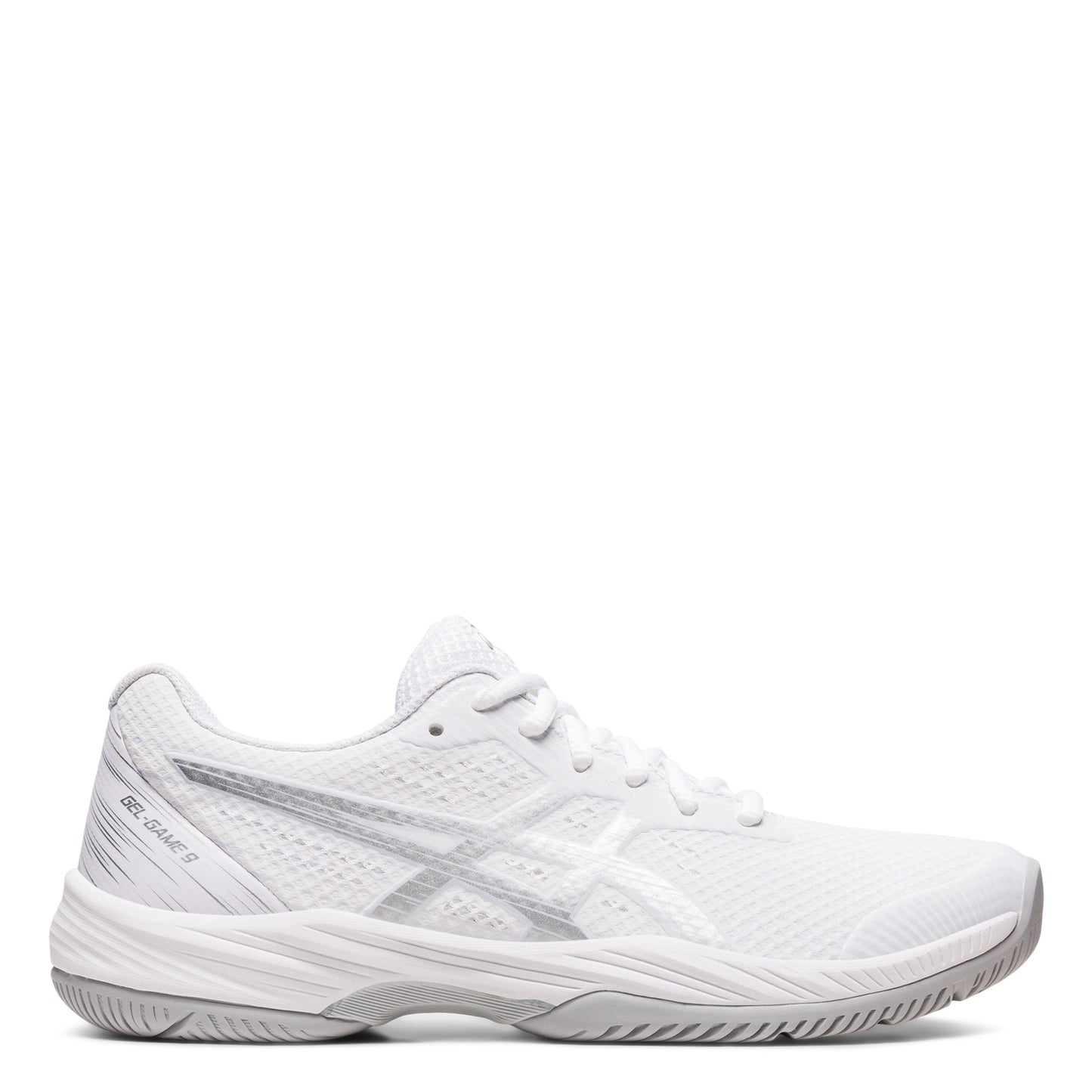 Peltz Shoes Women's ASICS GEL-Game 9 Tennis Shoe WHITE/SILVER 1042A211-100