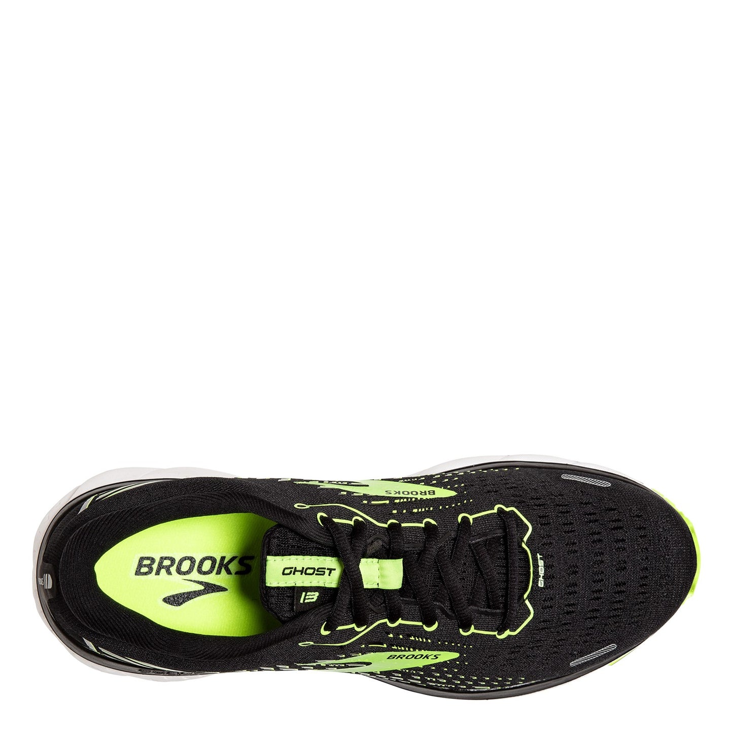 Peltz Shoes Men's Brooks Ghost 13 Running Shoe BLACK GREEN 110348 1D 039