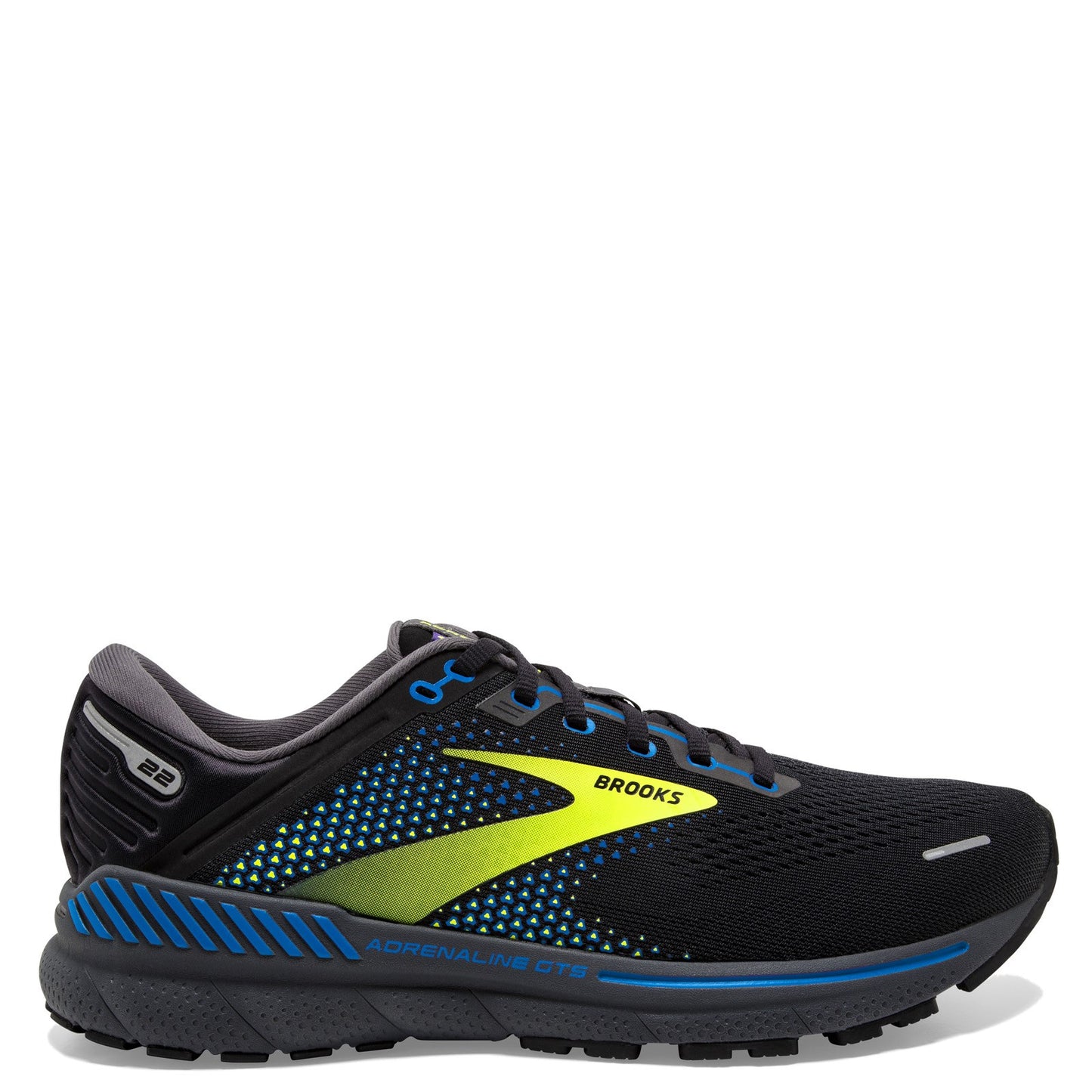 Peltz Shoes Men's Brooks Adrenaline GTS 22 Running Shoe Black/Blue/Nightlife 110366 1D 069