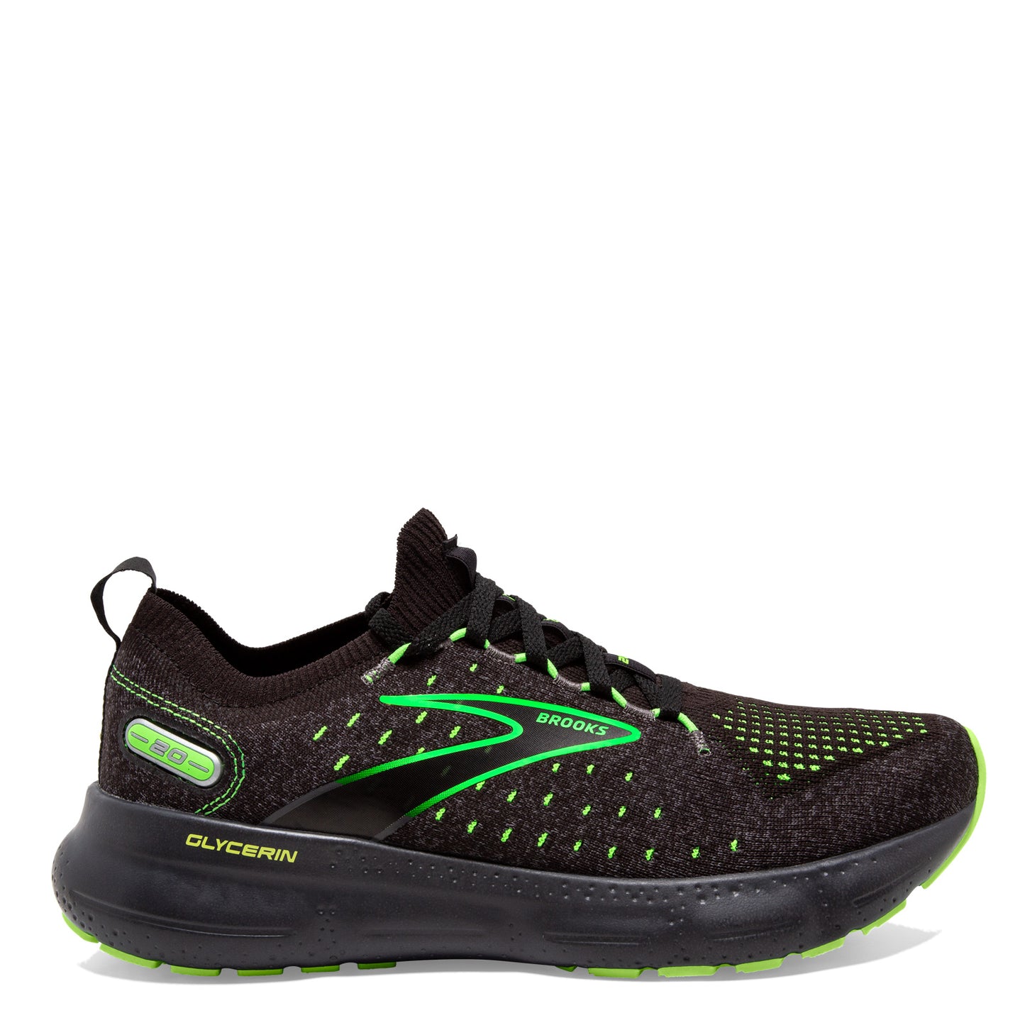 Peltz Shoes Men's Brooks Glycerin 20 Stealth Fit Running Shoe Black/Green 110384 1D 092