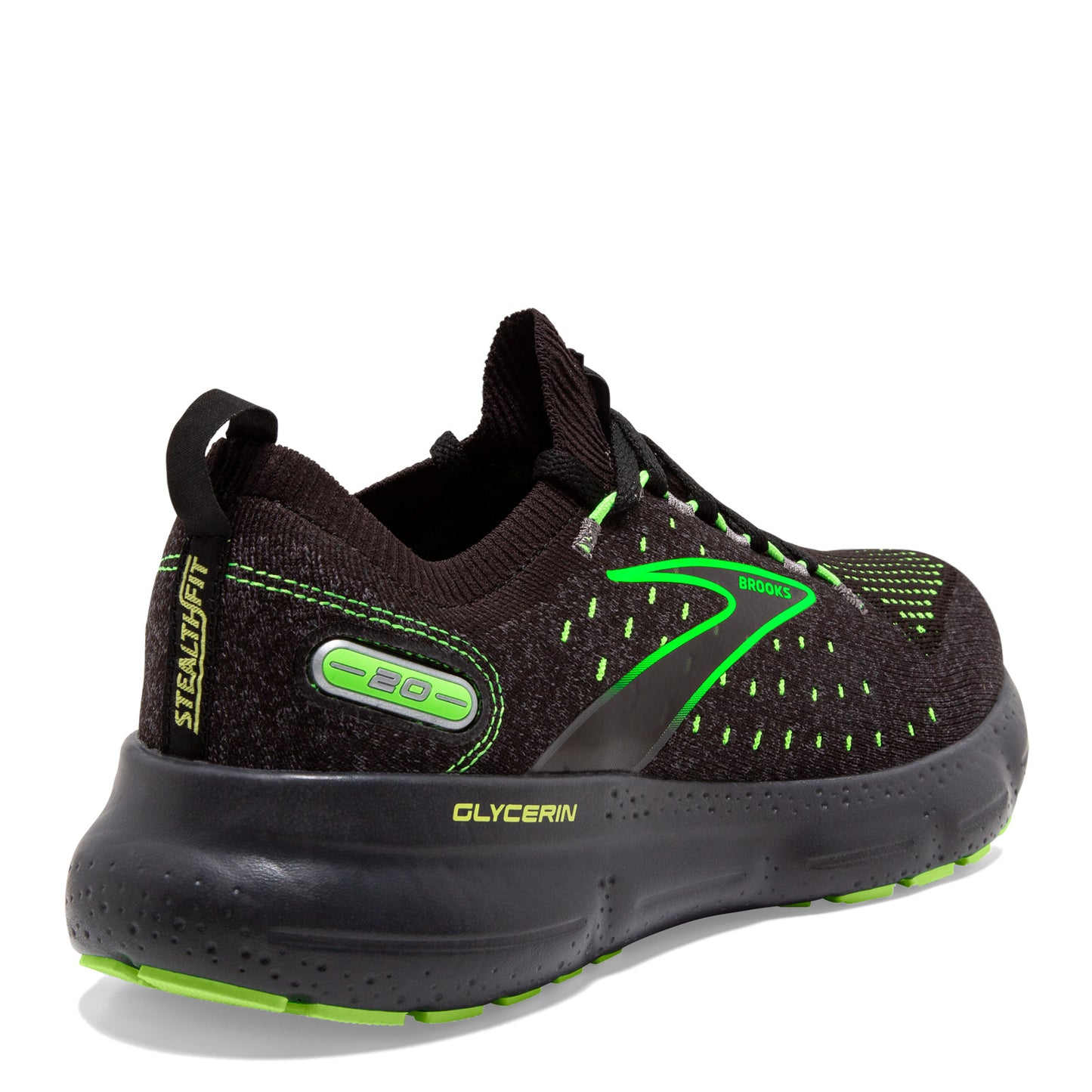 Peltz Shoes Men's Brooks Glycerin 20 Stealth Fit Running Shoe Black/Green 110384 1D 092