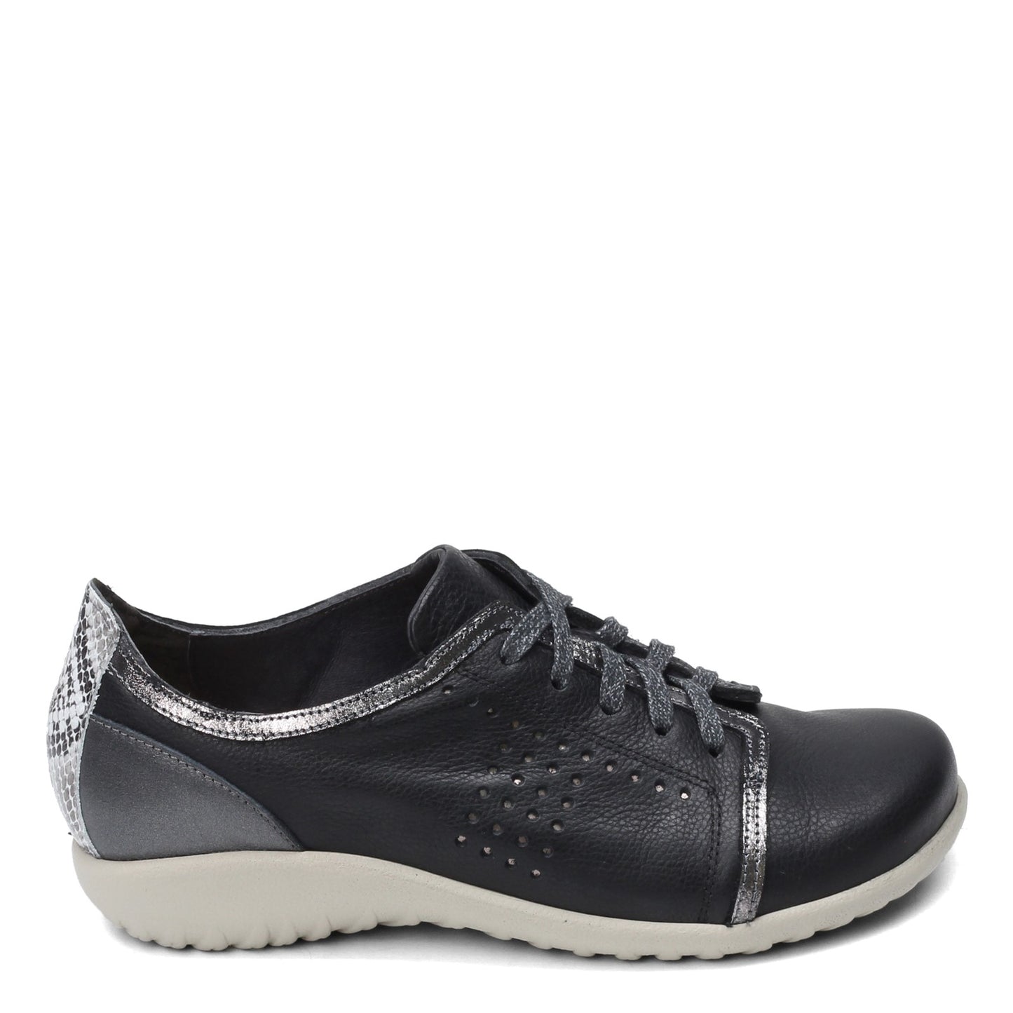 Peltz Shoes Women's Naot Avena Oxford Soft Black Lthr/Metallic Road Lthr/Glass Silver/Gray Cobra Lthr 11165-NPK