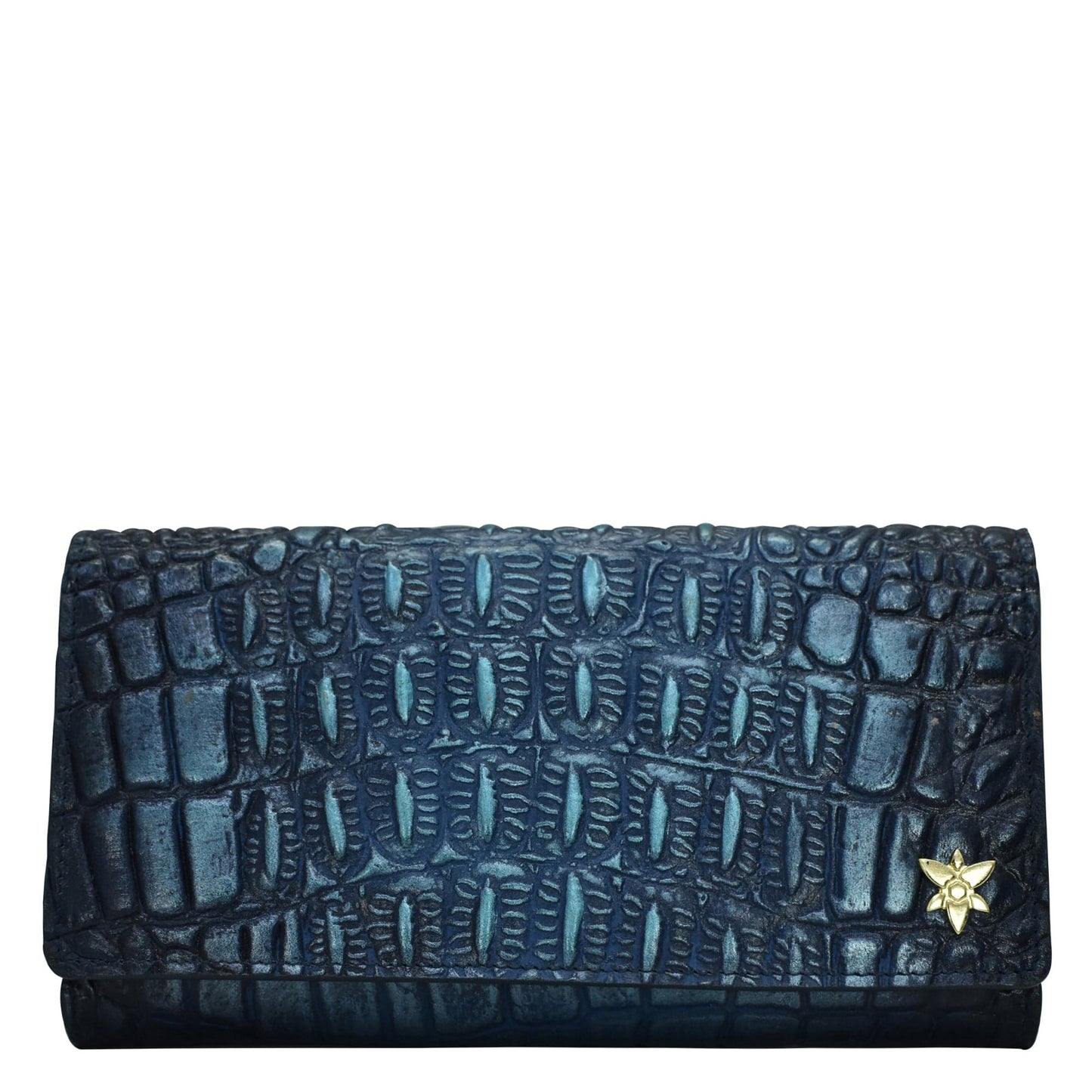 Peltz Shoes Anuschka Three Fold RFID Wallet Sapphire Croc 1150-CRC-SPH