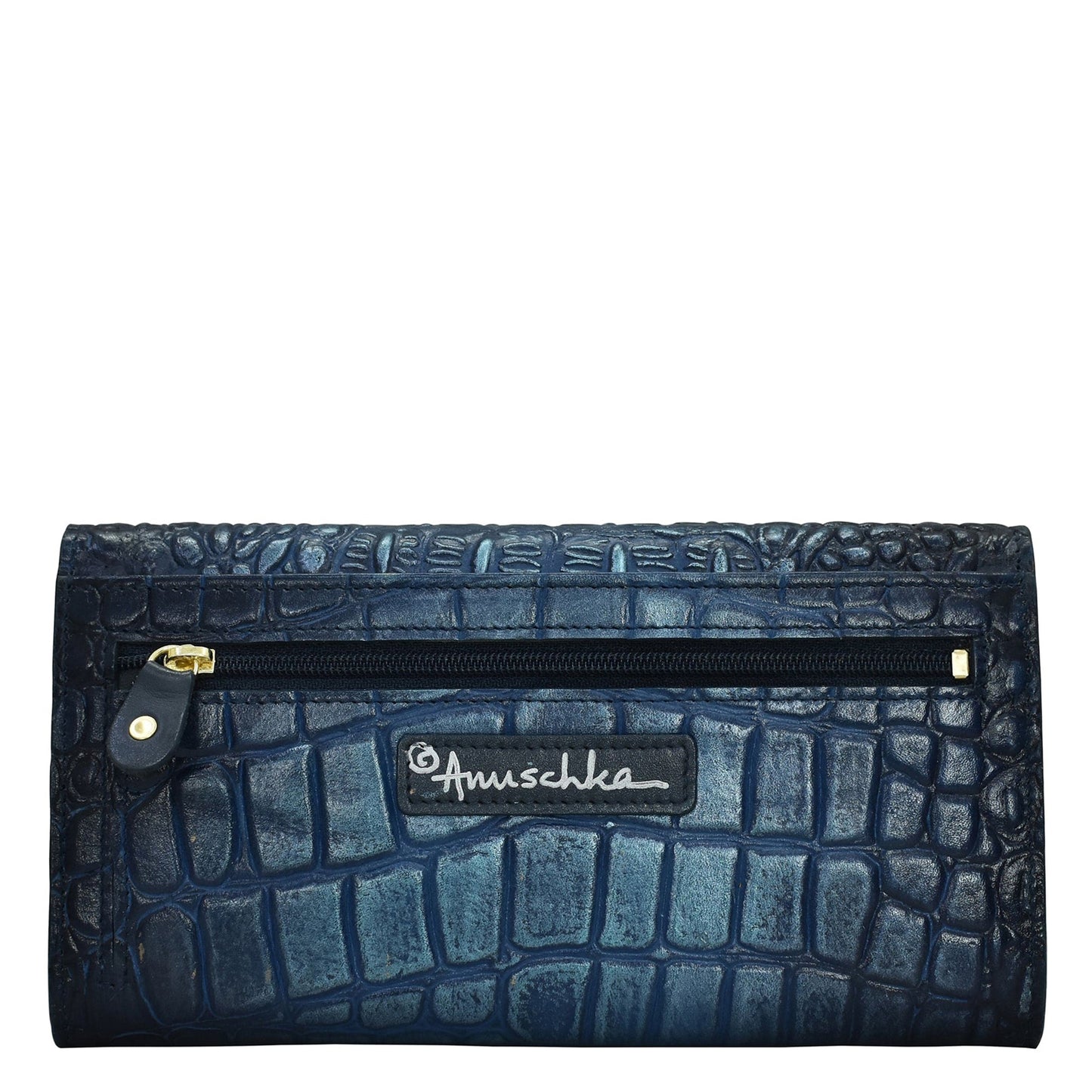 Peltz Shoes Anuschka Three Fold RFID Wallet Sapphire Croc 1150-CRC-SPH
