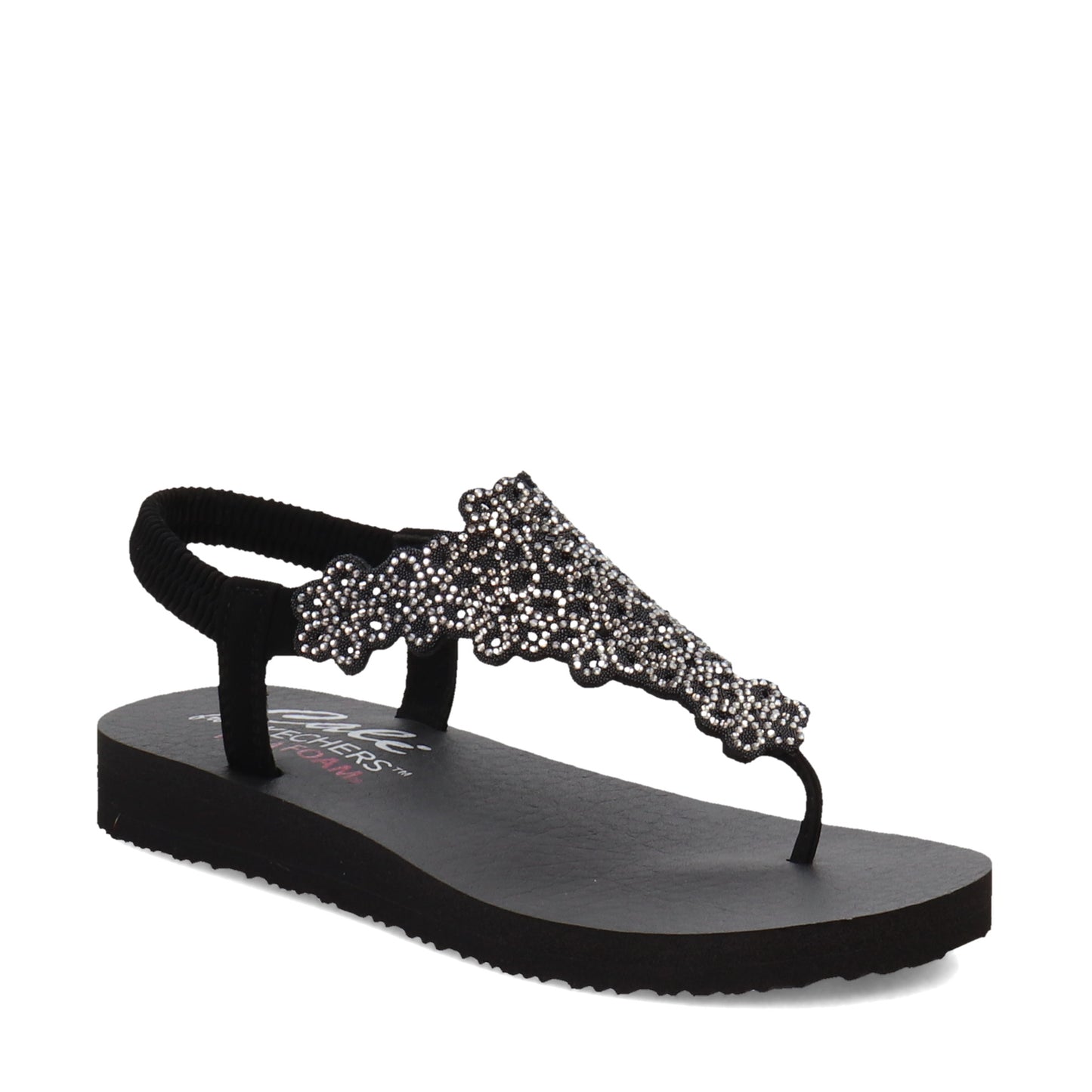 Peltz Shoes Women's Skechers Cali Floral Laser Cut Sandal Black/Silver 119138-BKSL