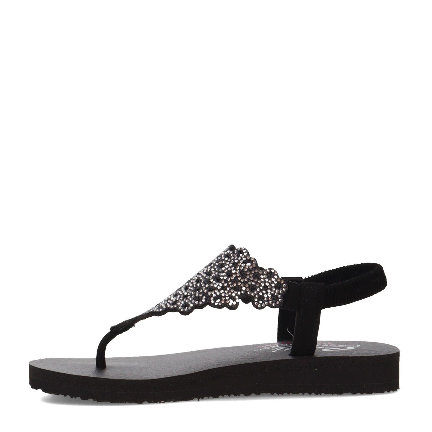 Peltz Shoes Women's Skechers Cali Floral Laser Cut Sandal Black/Silver 119138-BKSL