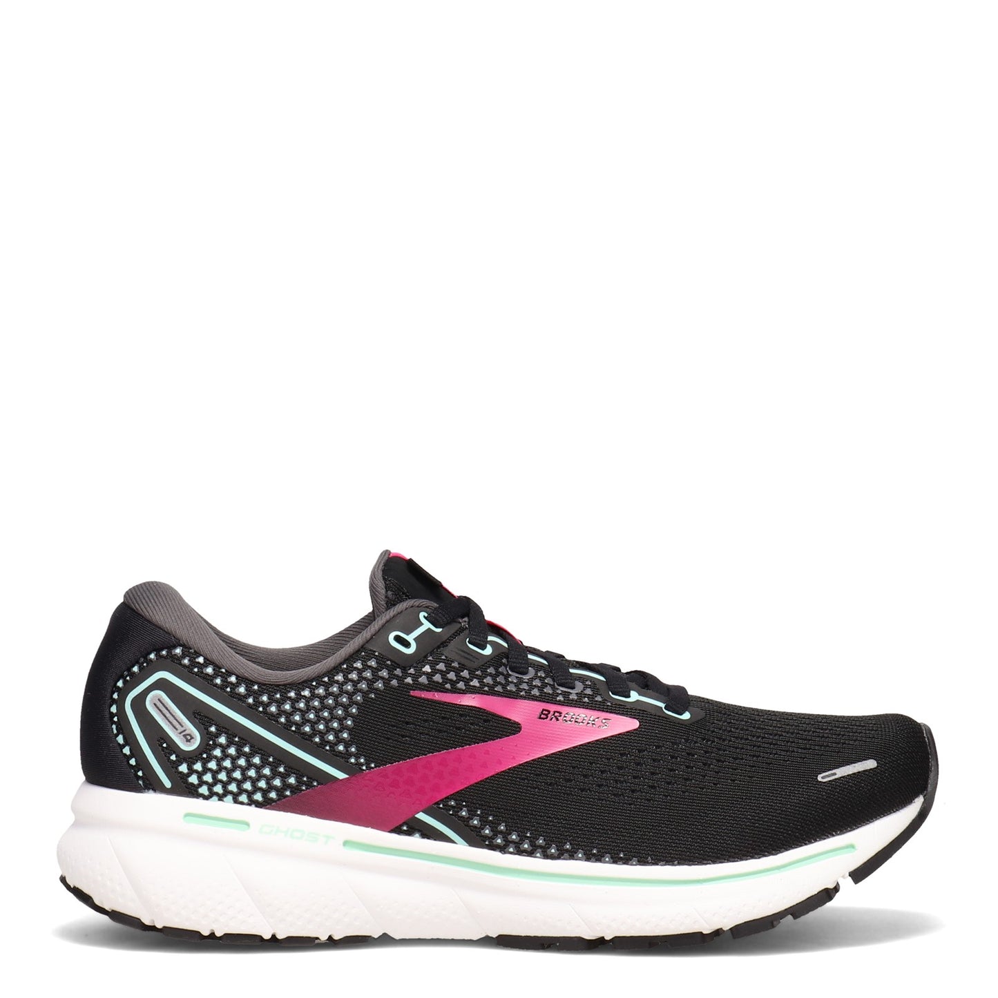 Peltz Shoes Women's Brooks Ghost 14 Running Shoe BLACK PINK 120356 1B 013