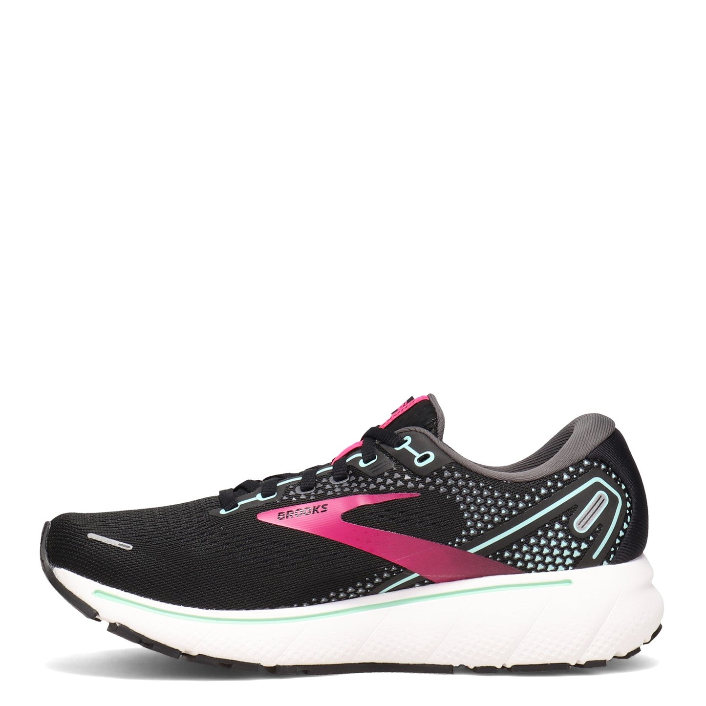 Peltz Shoes Women's Brooks Ghost 14 Running Shoe BLACK PINK 120356 1B 013