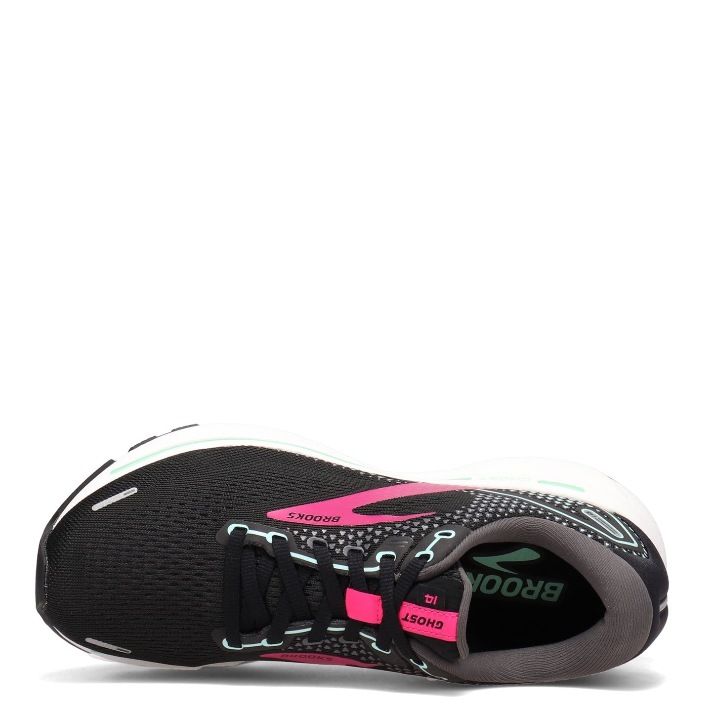 Peltz Shoes Women's Brooks Ghost 14 Running Shoe BLACK PINK 120356 1B 013