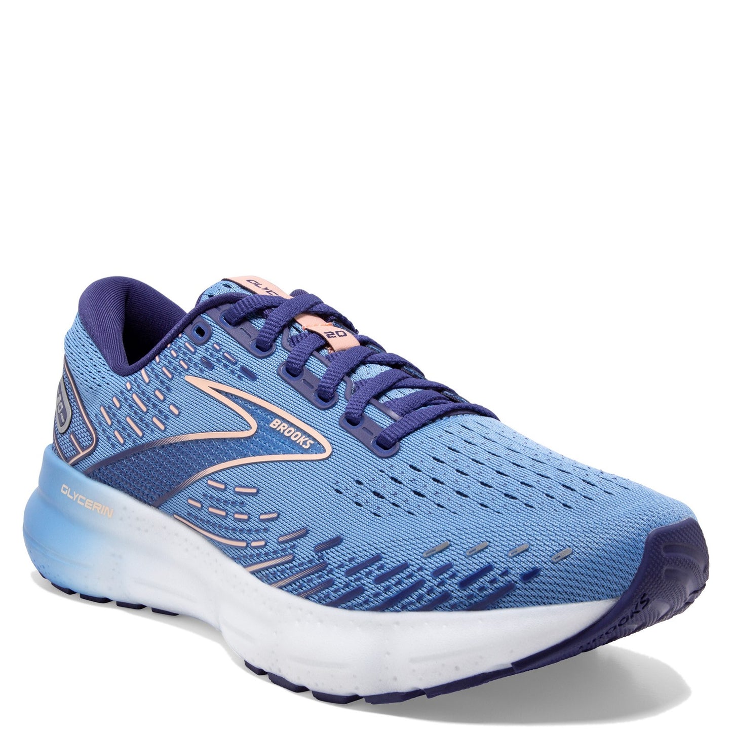 Peltz Shoes Women's Brooks Glycerin 20 Running Shoe Blue/Peach/White 120369 1B 478