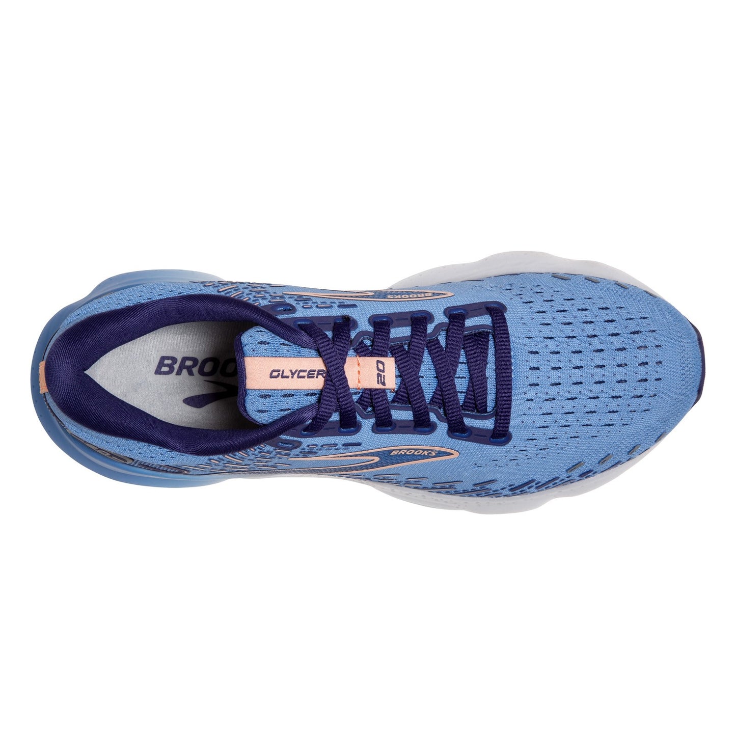 Peltz Shoes Women's Brooks Glycerin 20 Running Shoe Blue/Peach/White 120369 1B 478