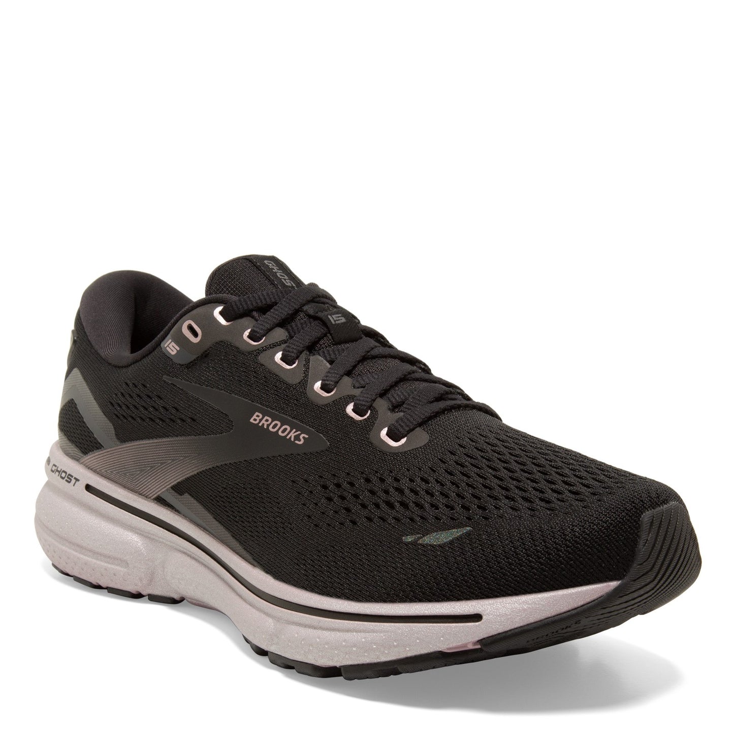 Peltz Shoes Women's Brooks Ghost 15 Running Shoe - Wide Width Black/Rose Gold 120380 1D 014