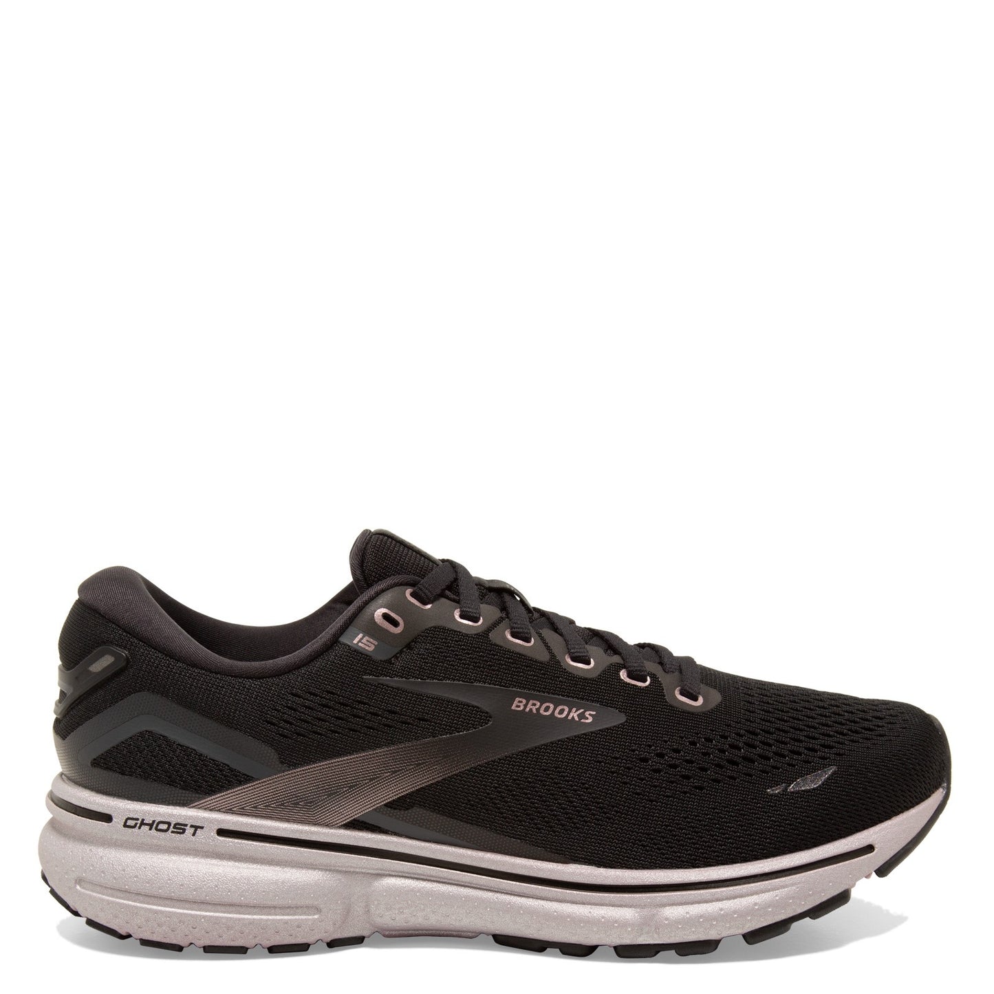 Peltz Shoes Women's Brooks Ghost 15 Running Shoe - Wide Width Black/Rose Gold 120380 1D 014