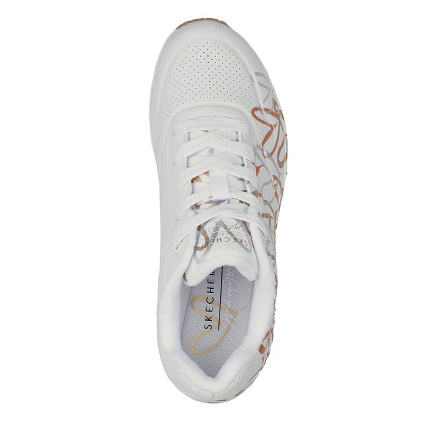 Peltz Shoes Women's Skechers Street x JGoldcrown: Uno - Metallic Love Sneaker WHITE GOLD 155523-WTGD