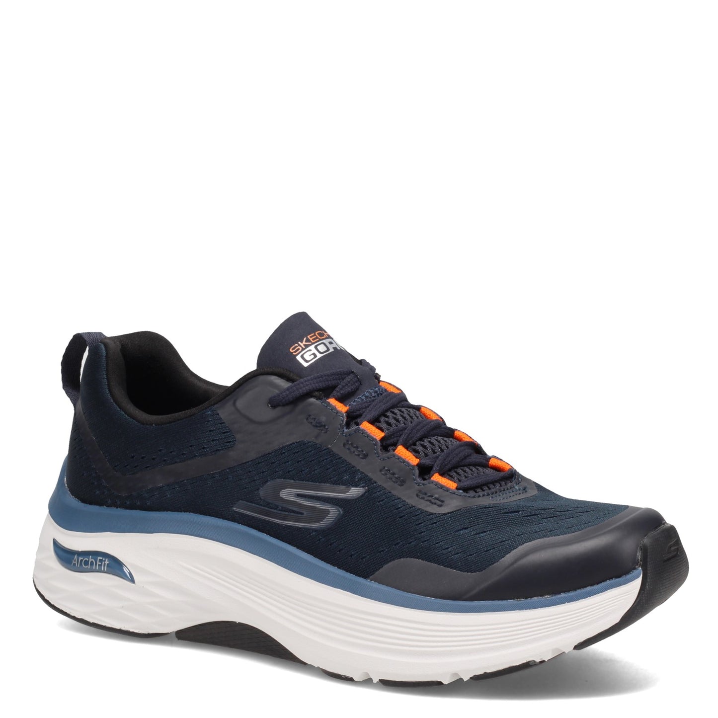 Peltz Shoes Men's Skechers Max Cushioning Arch Fit Walking Shoe NAVY ORANGE 220196-NVOR