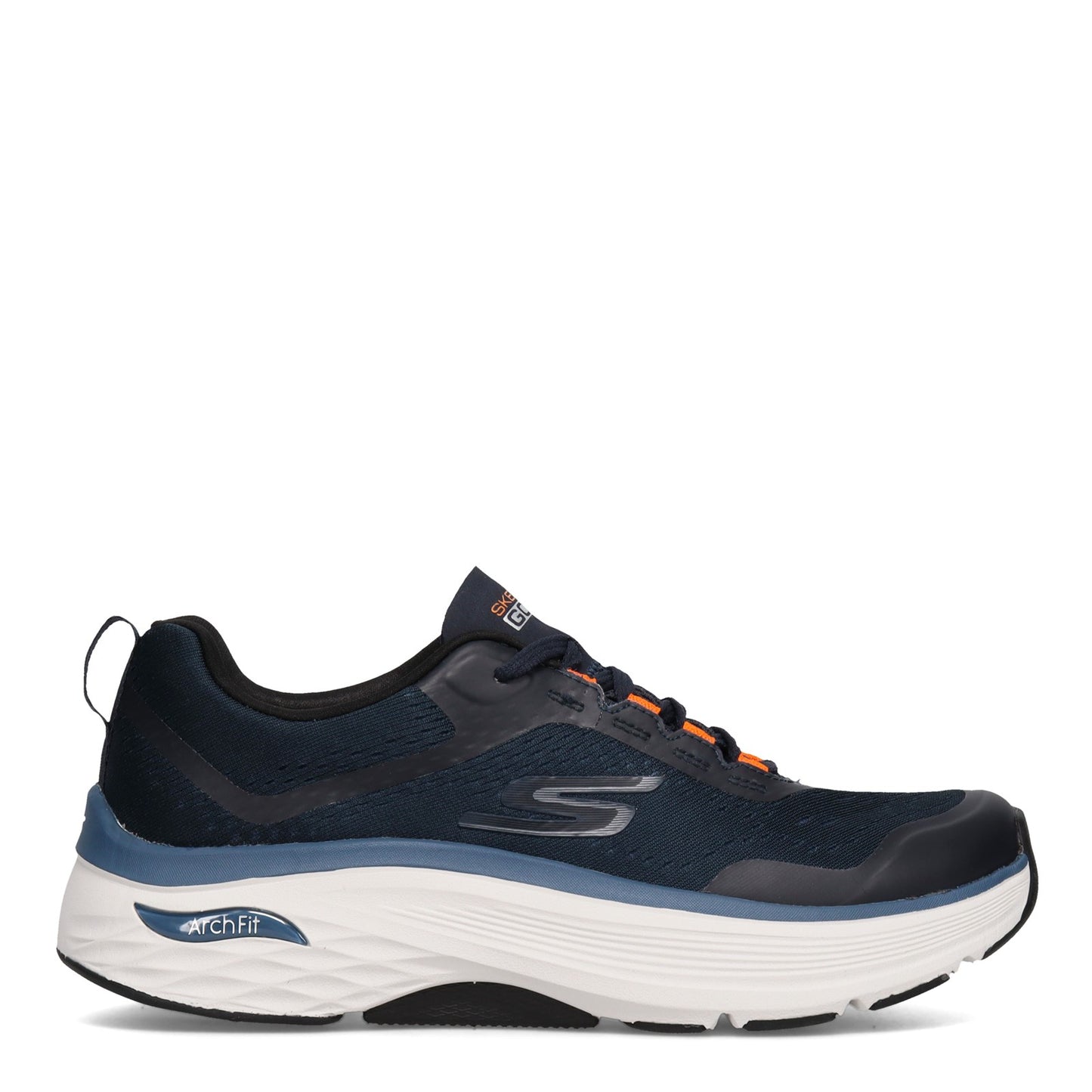 Peltz Shoes Men's Skechers Max Cushioning Arch Fit Walking Shoe NAVY ORANGE 220196-NVOR