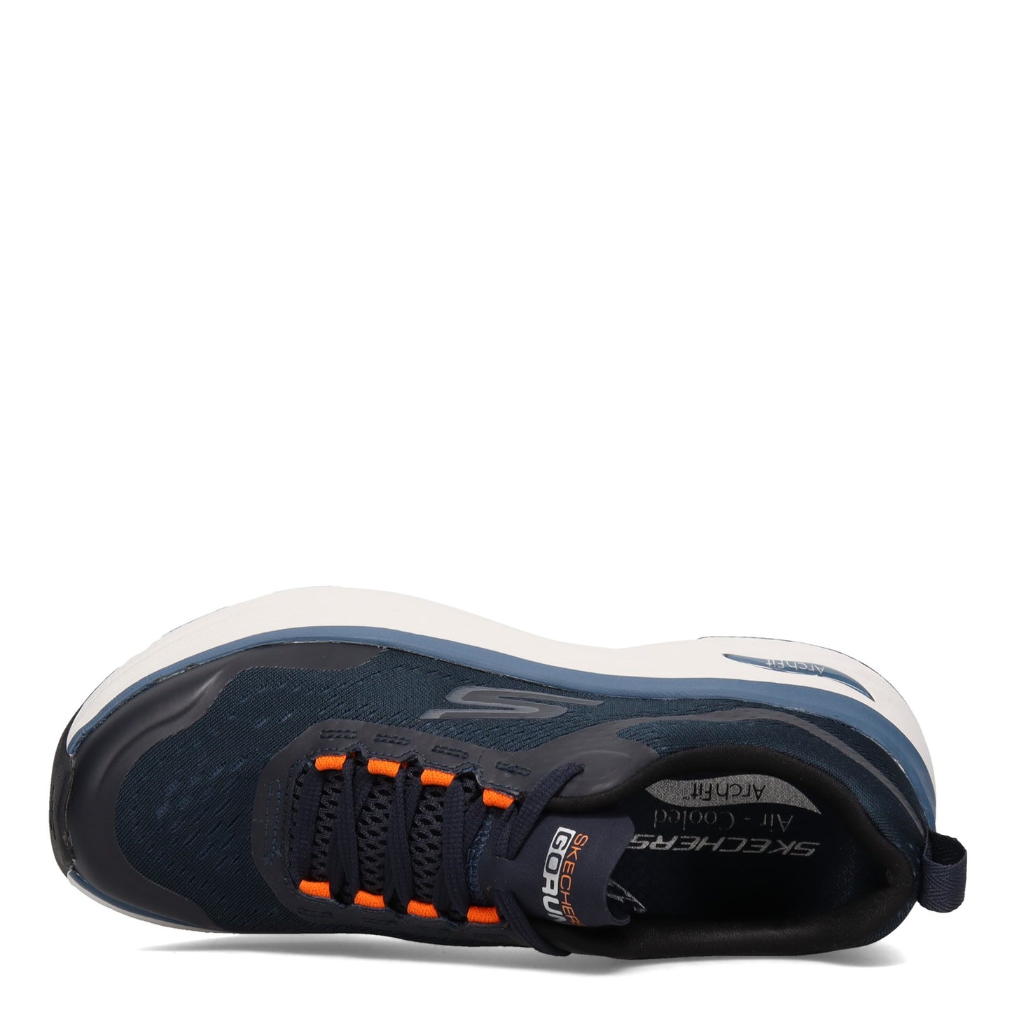 Peltz Shoes Men's Skechers Max Cushioning Arch Fit Walking Shoe NAVY ORANGE 220196-NVOR