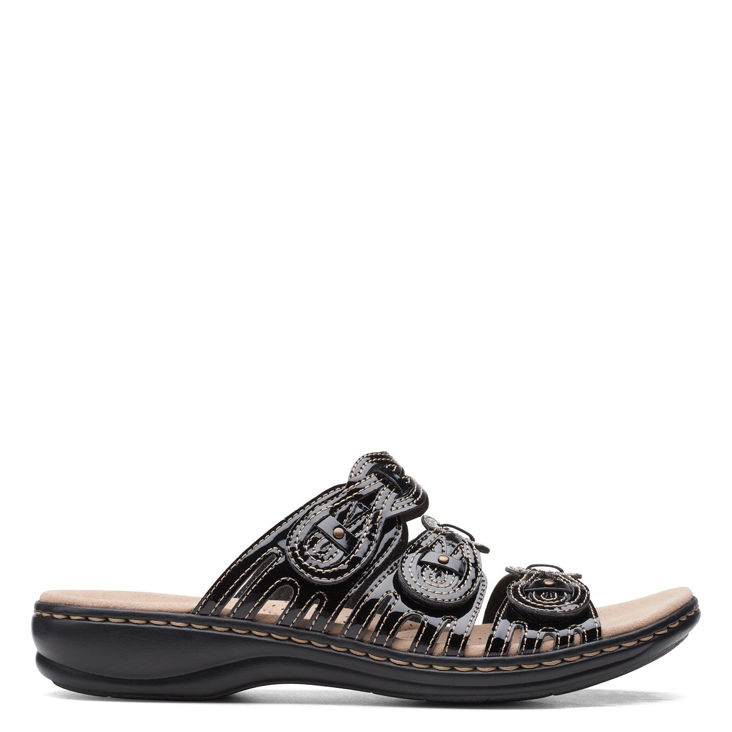 Peltz Shoes Women's Clarks Leisa Faye Sandal BLACK PATENT 26157547