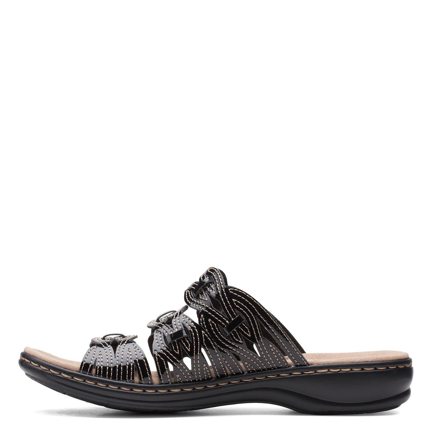 Peltz Shoes Women's Clarks Leisa Faye Sandal BLACK PATENT 26157547