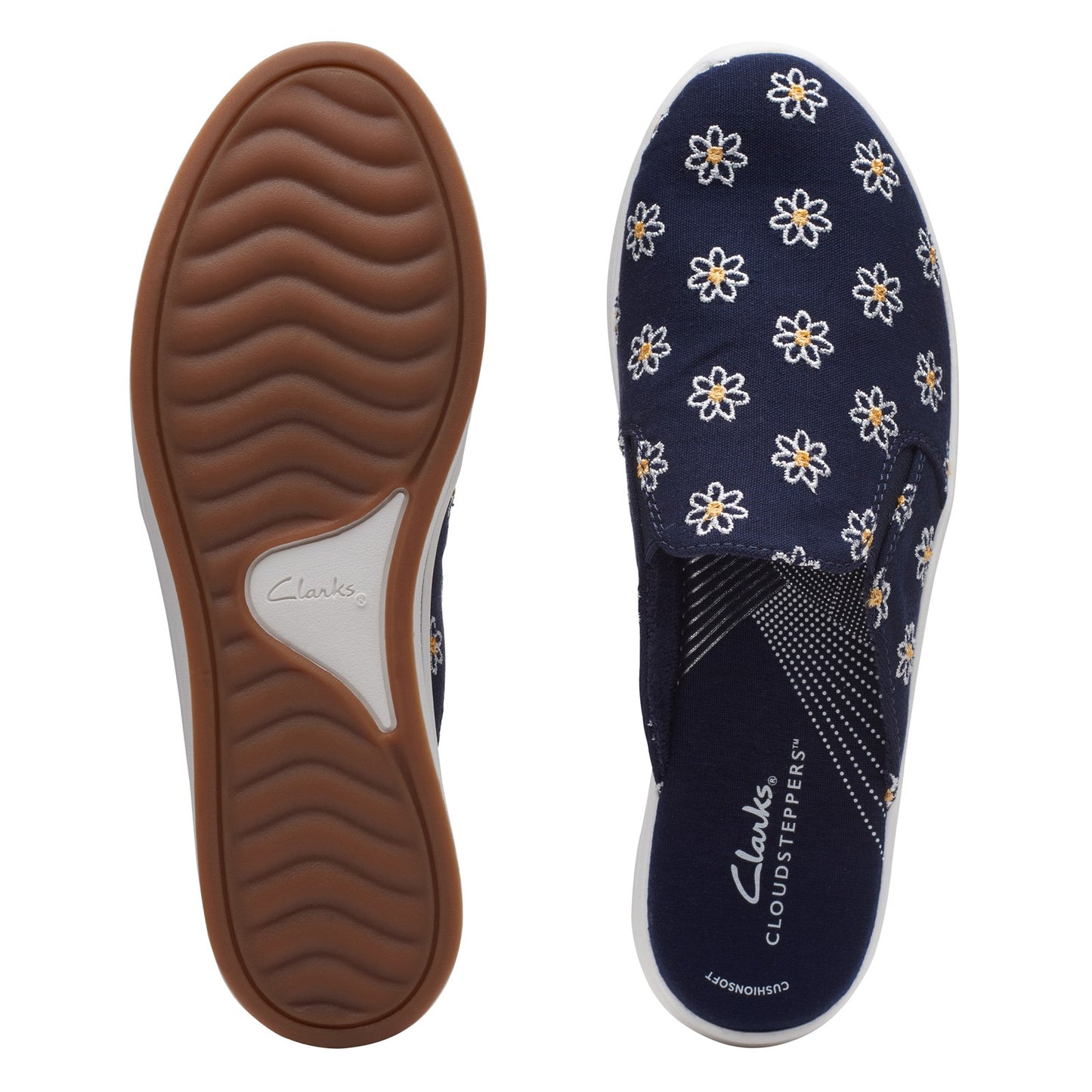 Peltz Shoes Women's Clarks Breeze Shore Mule NAVY FLORAL 26164880