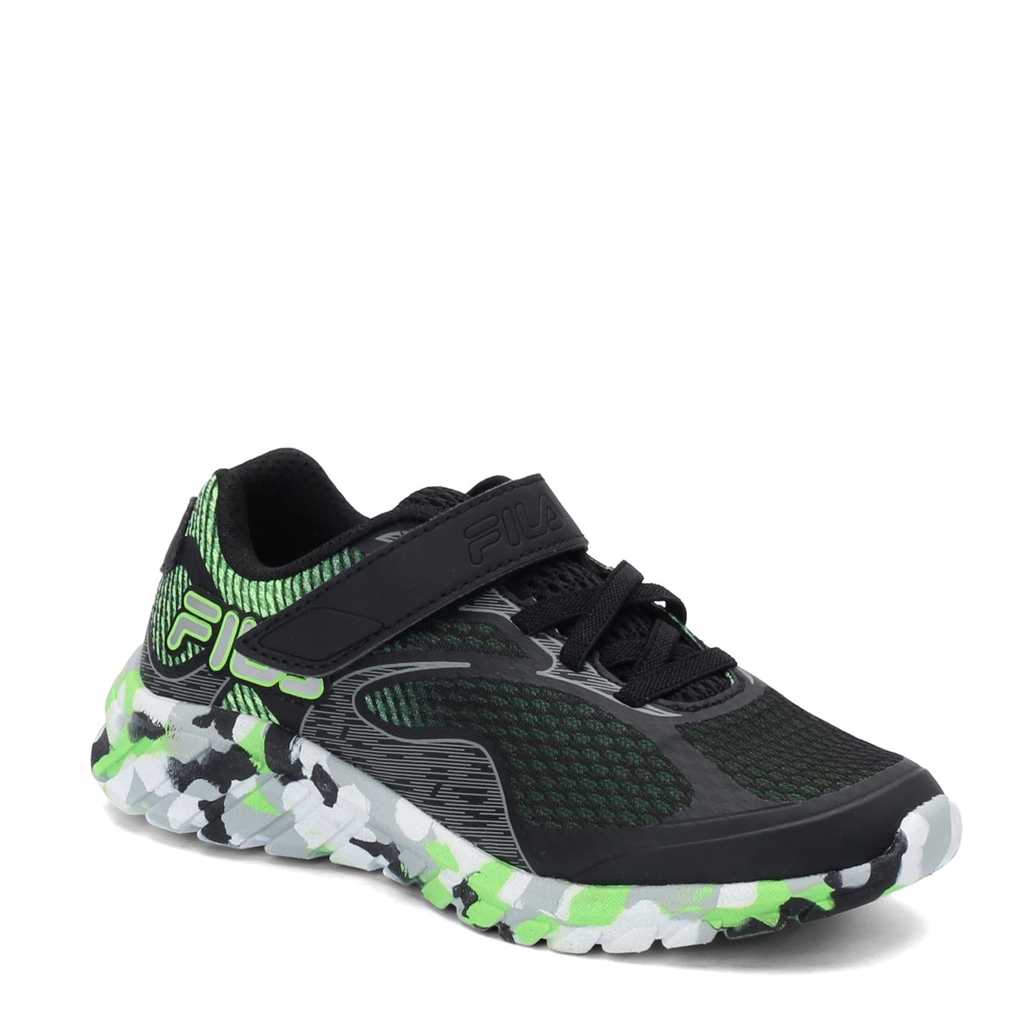 Peltz Shoes Boy's Fila Primeforce 4 Strap Sneaker - Little Kid BLACK GREEN 3RM01006-008