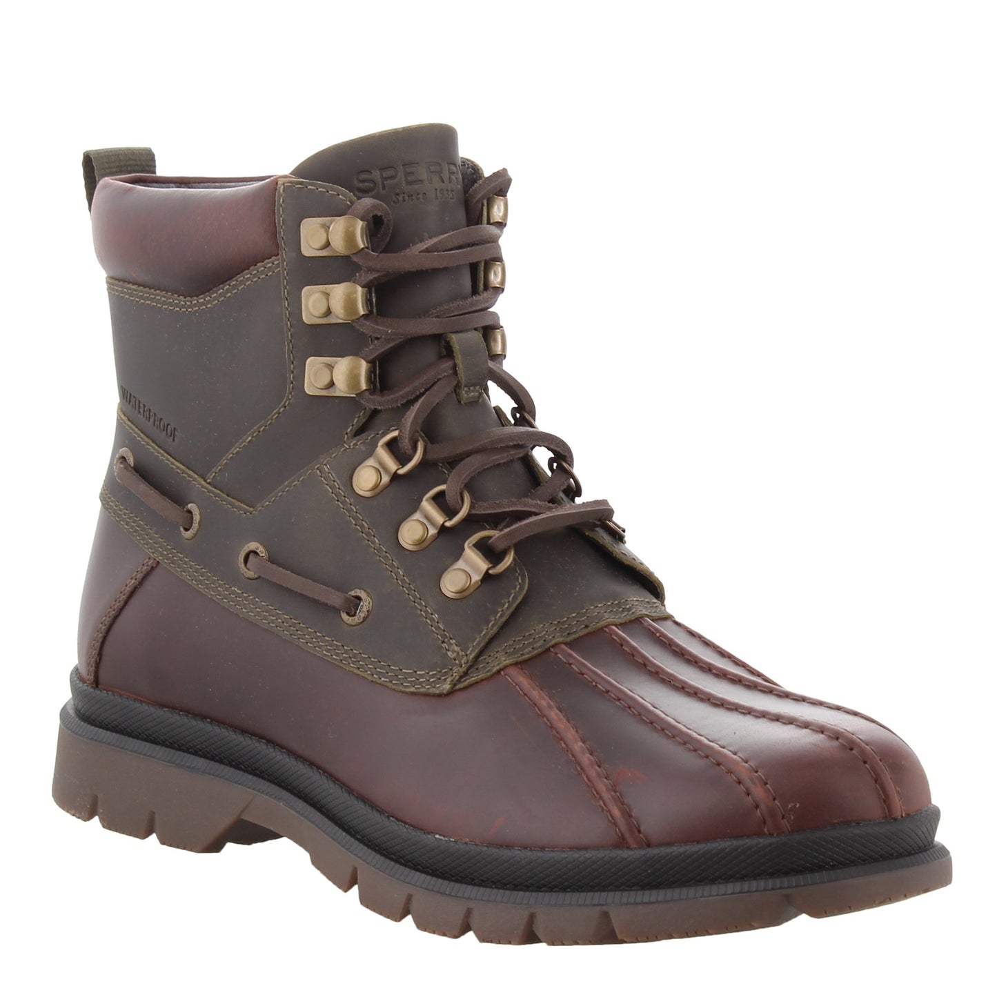 Peltz Shoes Men's Sperry Watertown Duck Boot TAN OLIVE STS19713