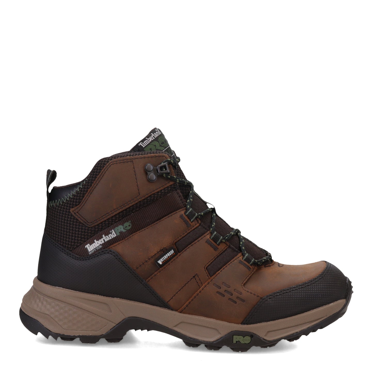 Peltz Shoes Men's Timberland Pro Switchback LT Waterproof Soft-Toe Work Hiker Boot Brown/Green TB0A5U7K214