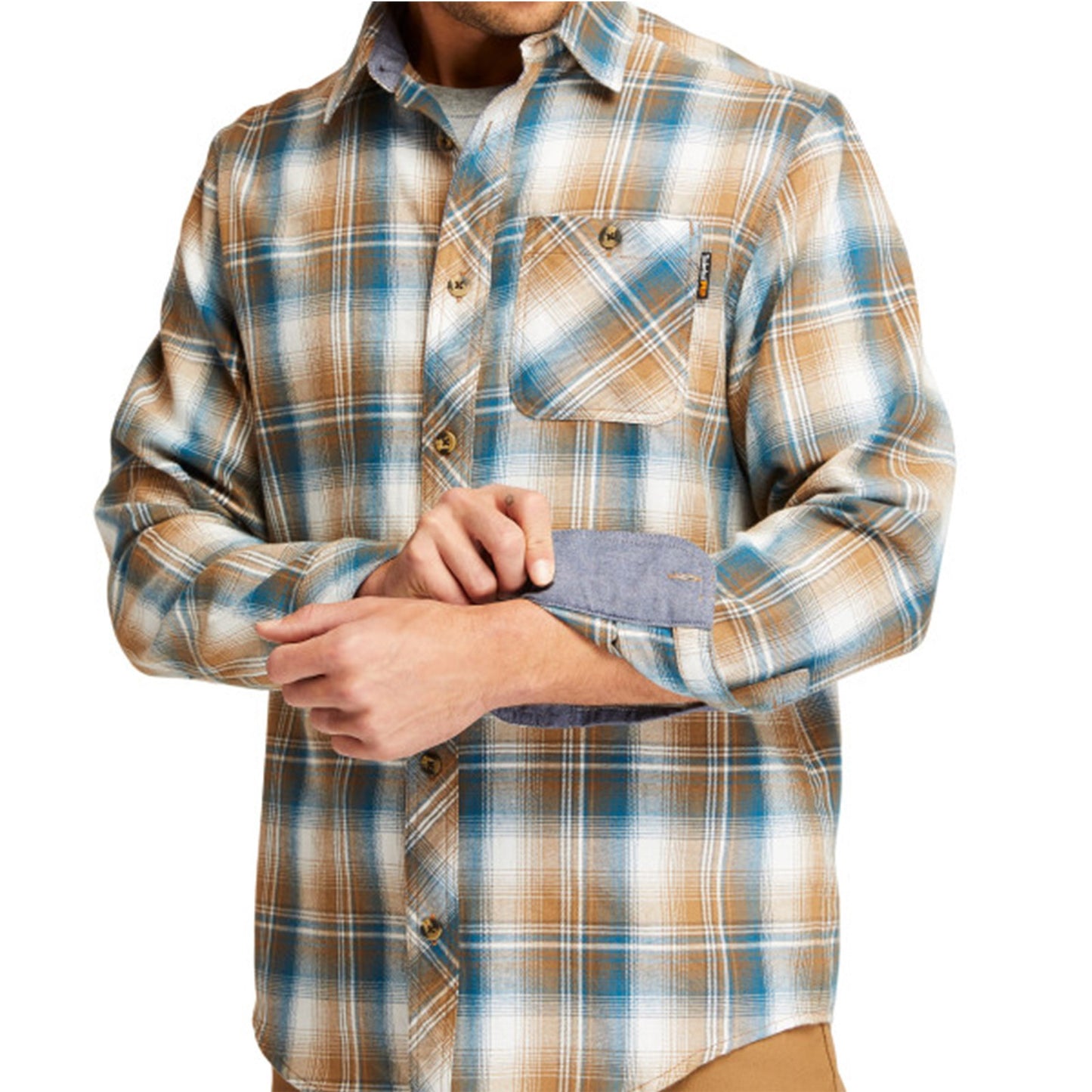 Peltz Shoes Men's Timberland Pro Woodfort Mid Long Sleeve Shirt BROWN PLAID TB0A1V49CE7