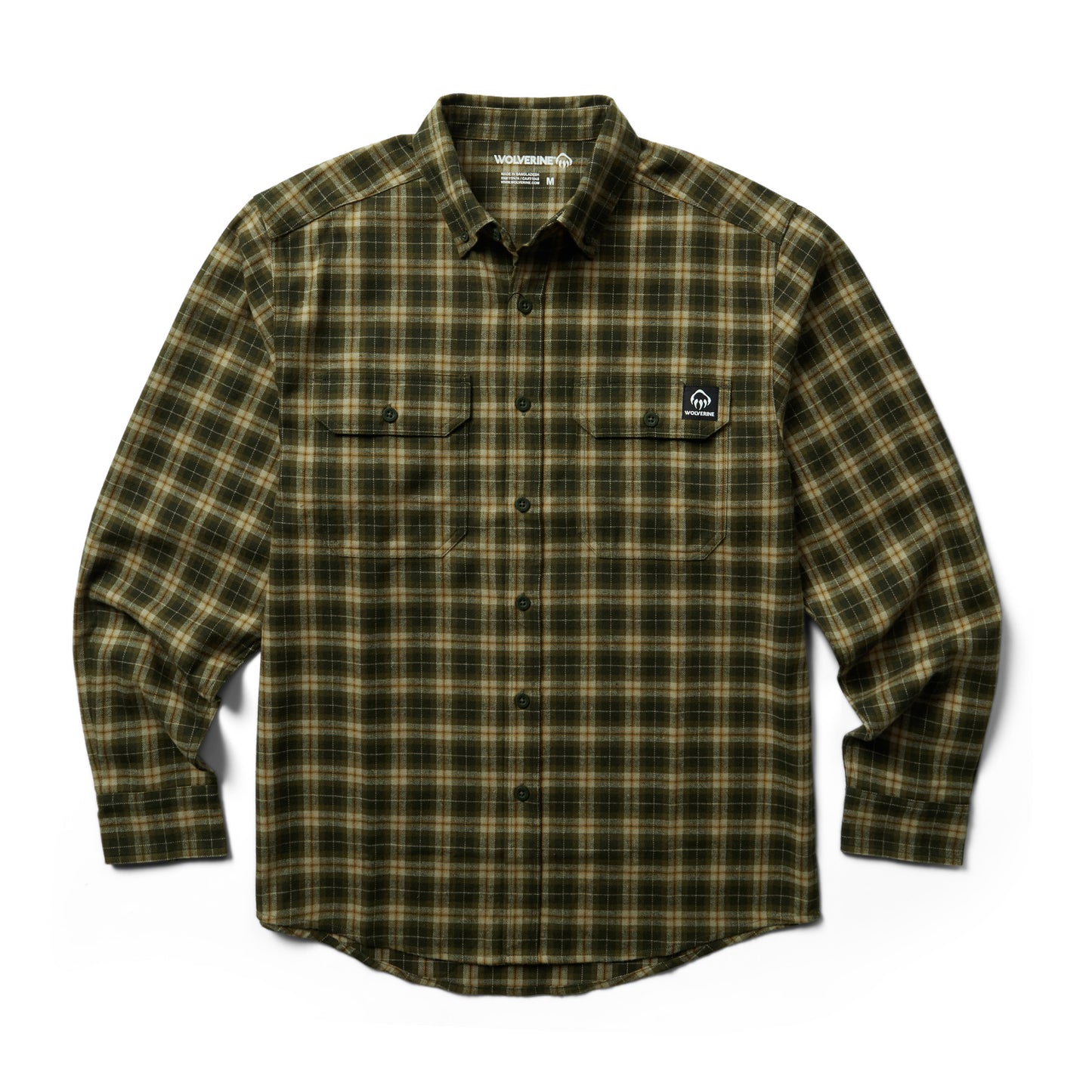 Peltz Shoes Men's Wolverine Glacier Midweight Flannel Shirt OLIVE W1208660-304