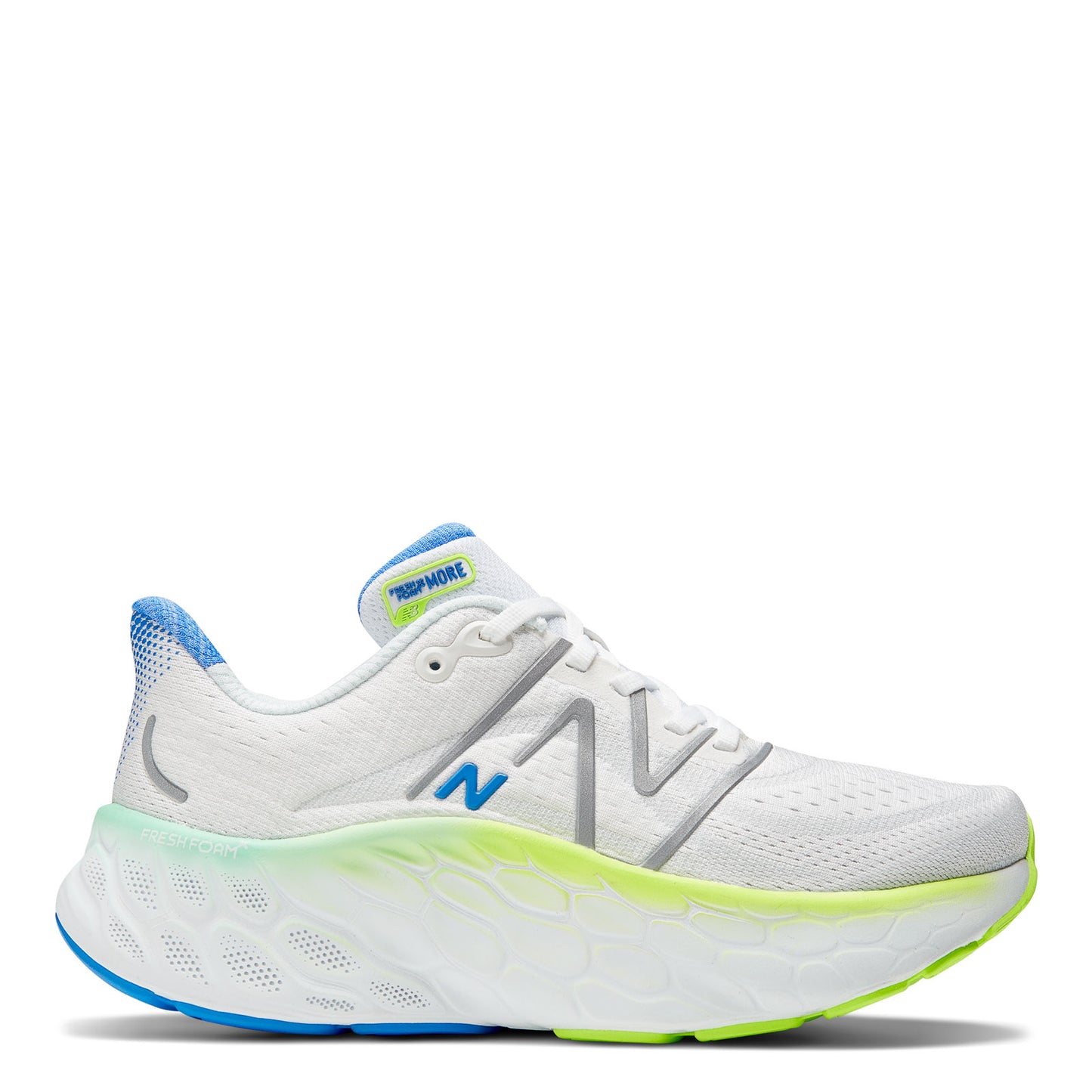 Peltz Shoes Women's New Balance Fresh Foam More v4 Running Shoe WHITE /BLUE /YELLOW WMORWT4