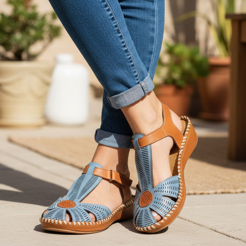 boho blue closed toe wedge sandal with brown straps