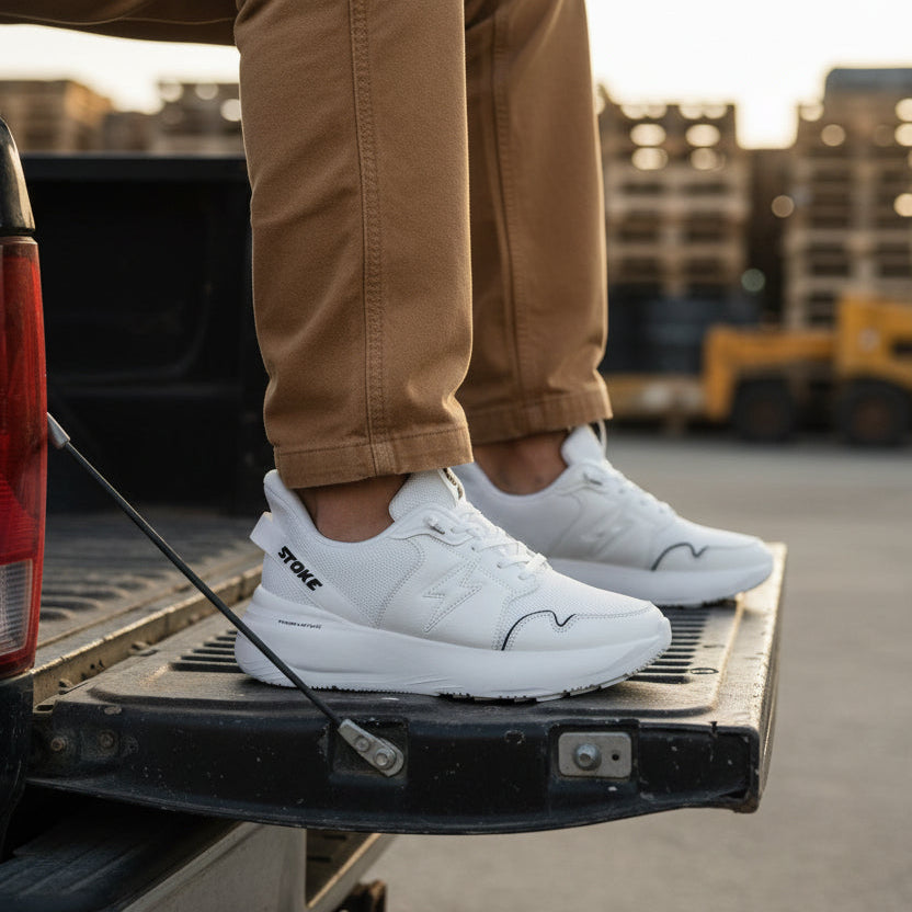Man in wide width Stoke athletic shoes sitting on truck bed