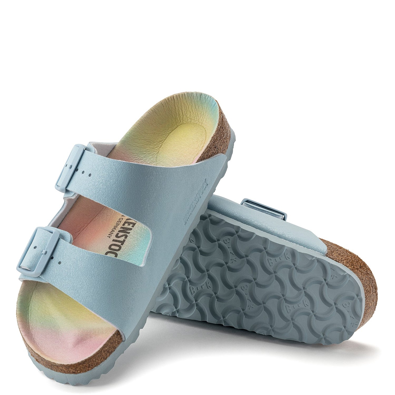 Peltz Shoes  Women's Birkenstock Arizona Vegan Slide Sandal - Narrow Width BLUE OMBRE 1021 208 N