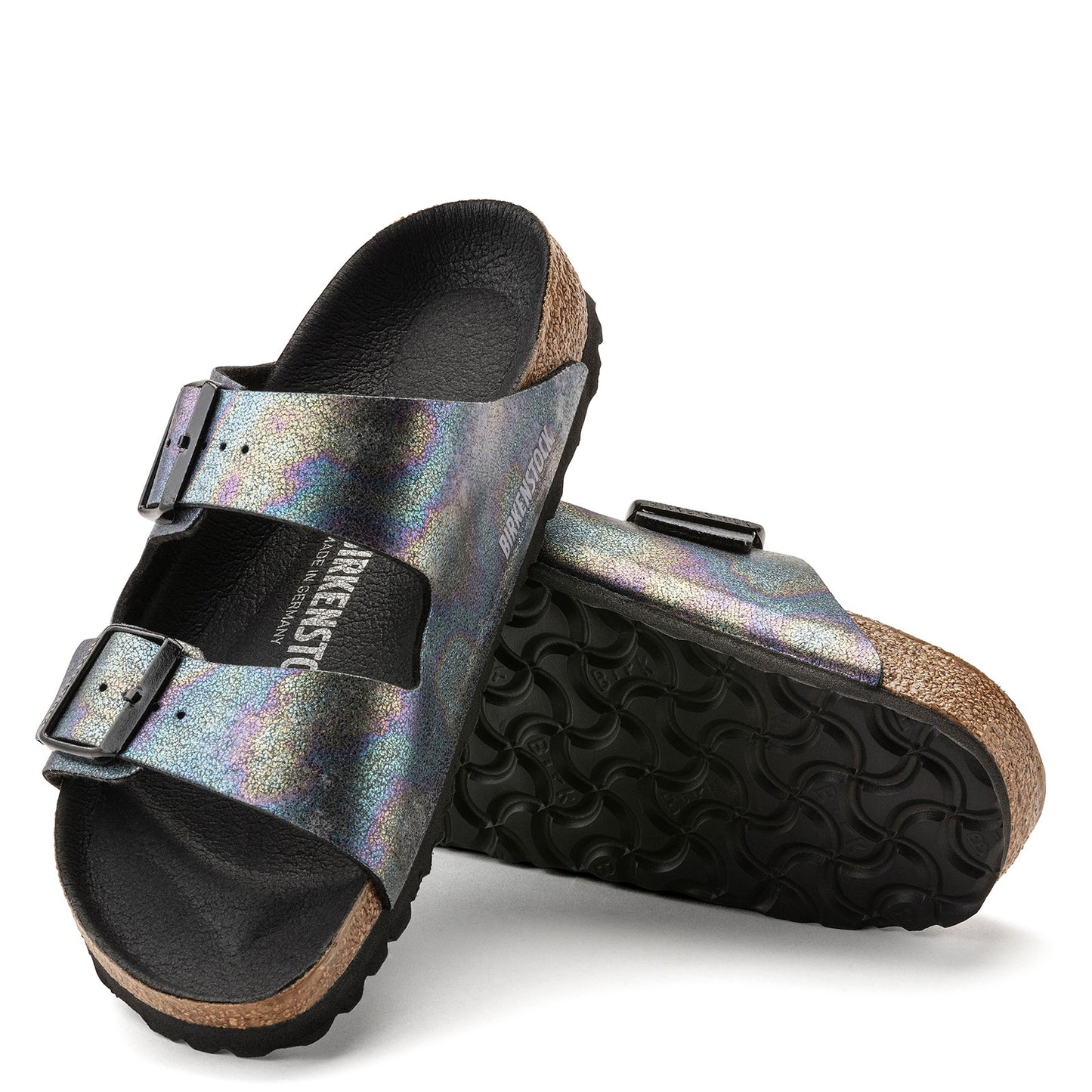 Peltz Shoes  Women's Birkenstock Arizona Vegan Slide Sandal - Narrow Width BLACK IRIDESCENT 1021 251 N