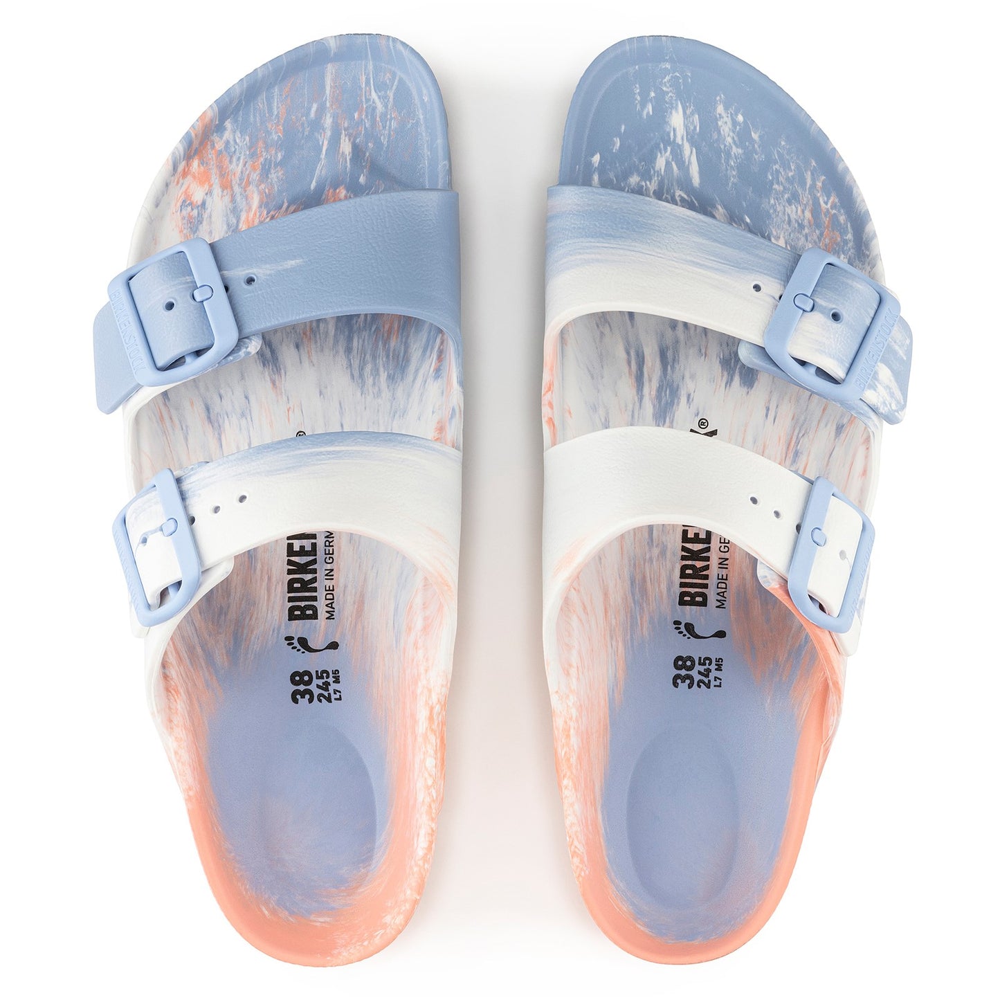 Peltz Shoes  Women's Birkenstock Arizona Essentials EVA Slide WHITE BLUE PEACH 1022 447 N