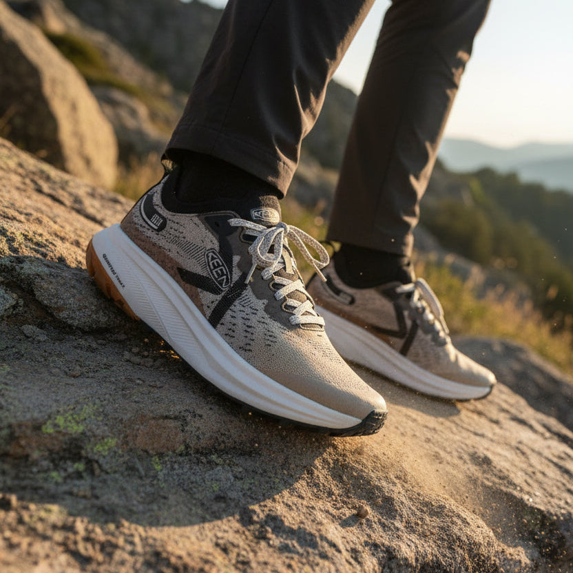 Hiking shoe with a patterned design.