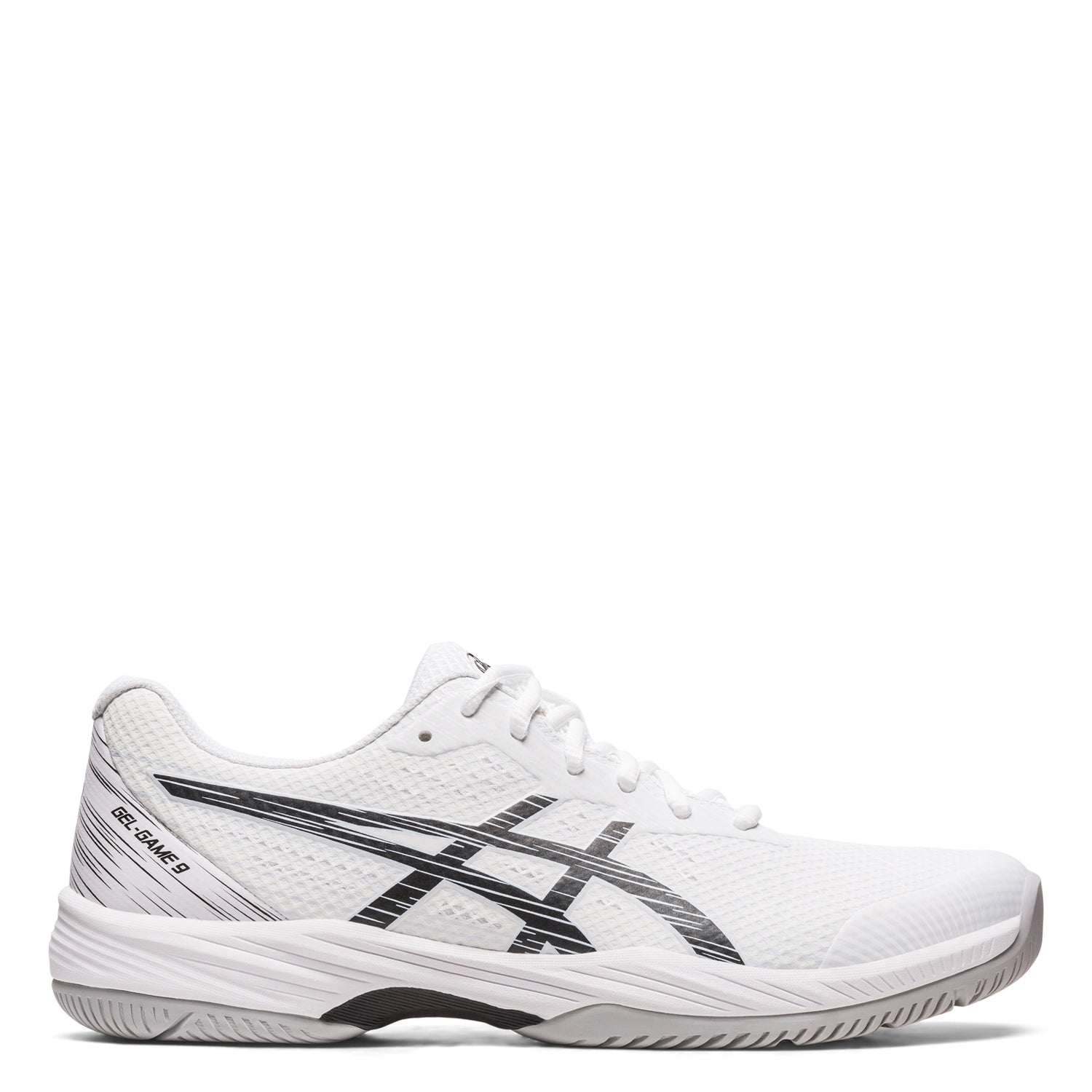 Peltz Shoes  Men's ASICS GEL-Game 9 Tennis Shoe WHITE BLACK OOZE 1041A337-100