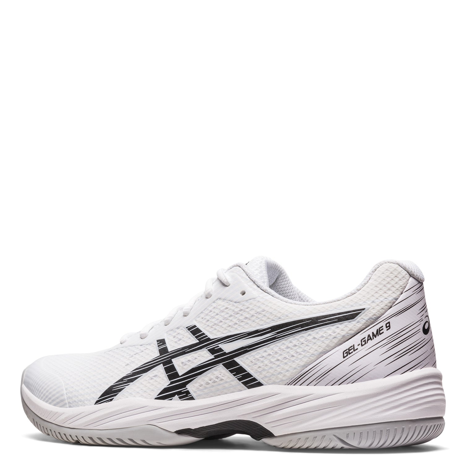 Peltz Shoes  Men's ASICS GEL-Game 9 Tennis Shoe WHITE BLACK OOZE 1041A337-100