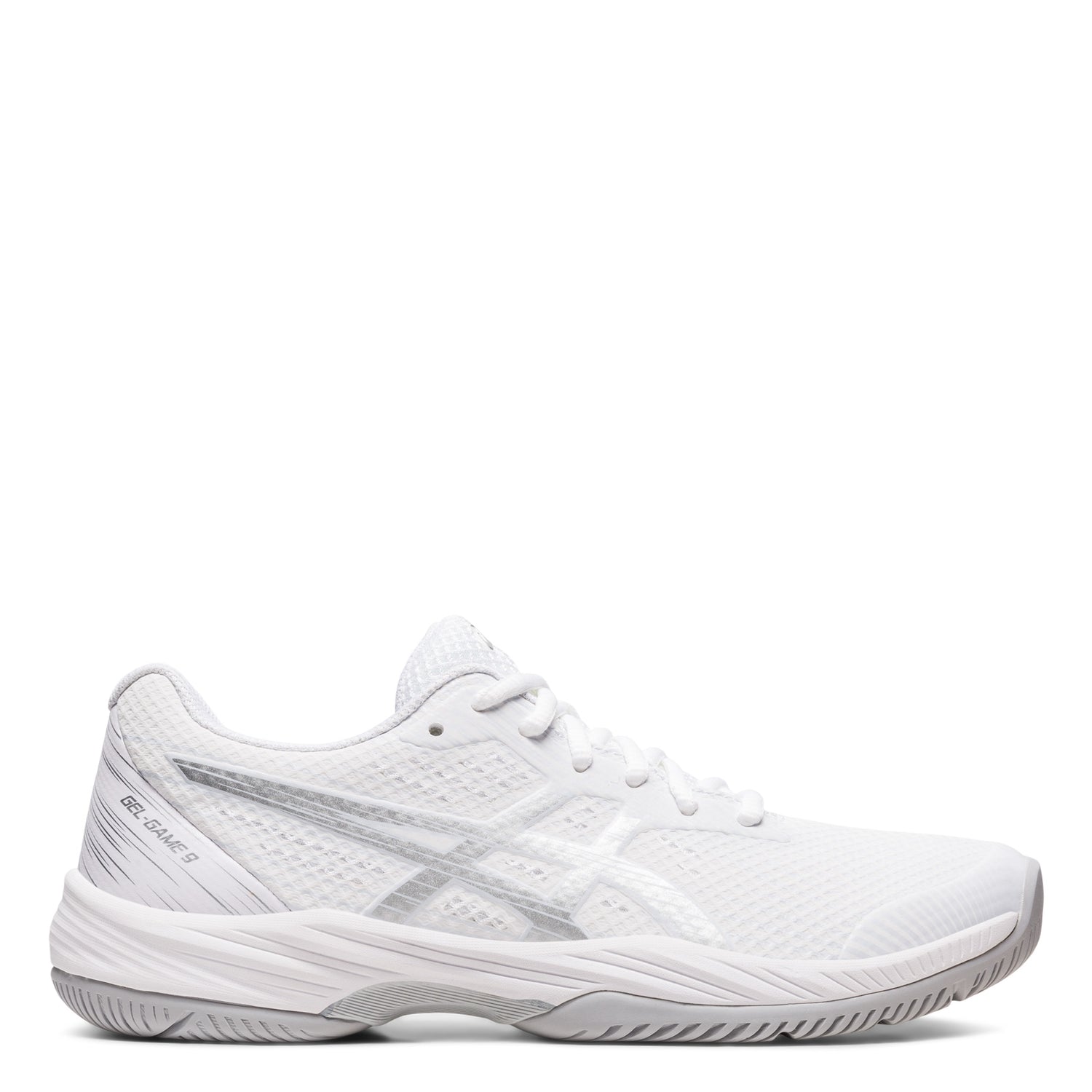 Peltz Shoes  Women's ASICS GEL-Game 9 Tennis Shoe WHITE/SILVER 1042A211-100