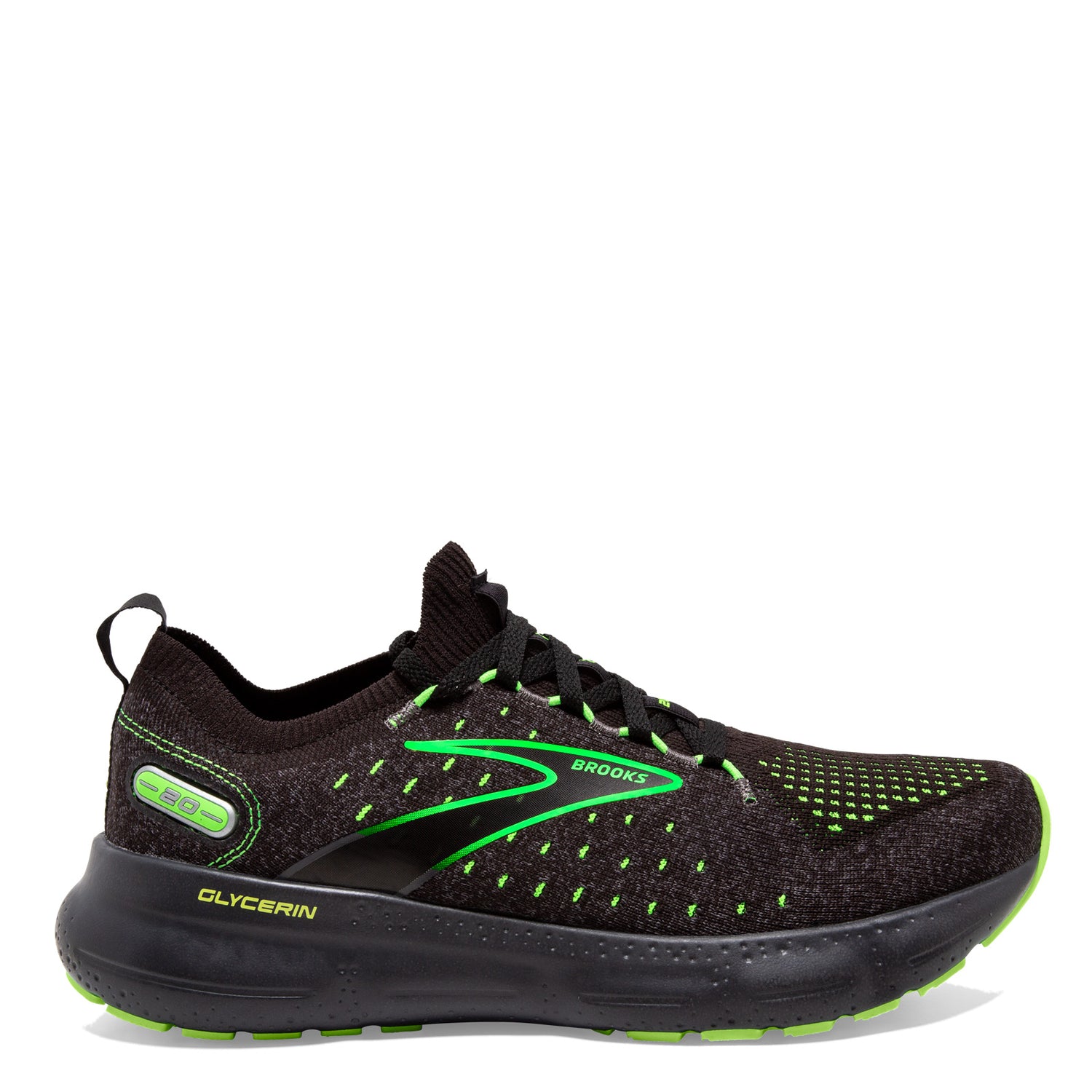 Peltz Shoes  Men's Brooks Glycerin 20 Stealth Fit Running Shoe Black/Green 110384 1D 092
