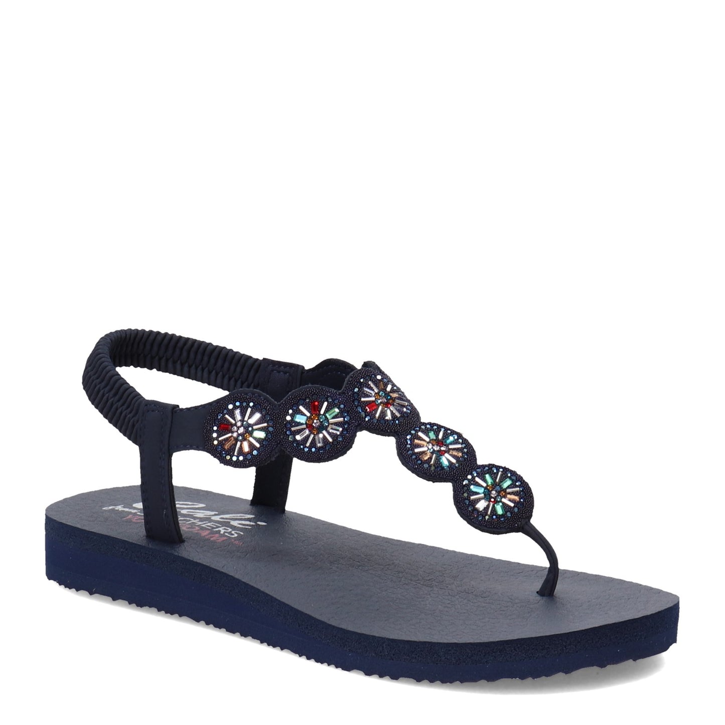 Peltz Shoes  Women's Skechers Arch Fit Meditation Rhinestone Sandal Navy Multi 119291-NVMT