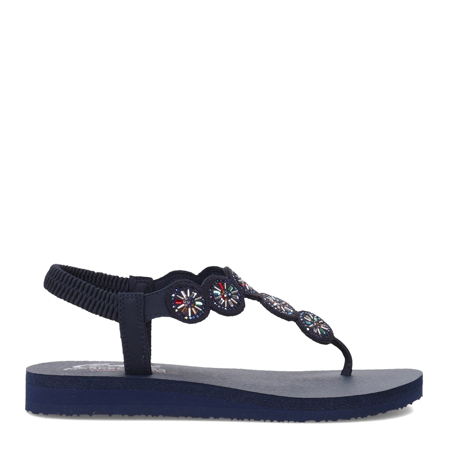 Peltz Shoes  Women's Skechers Arch Fit Meditation Rhinestone Sandal Navy Multi 119291-NVMT