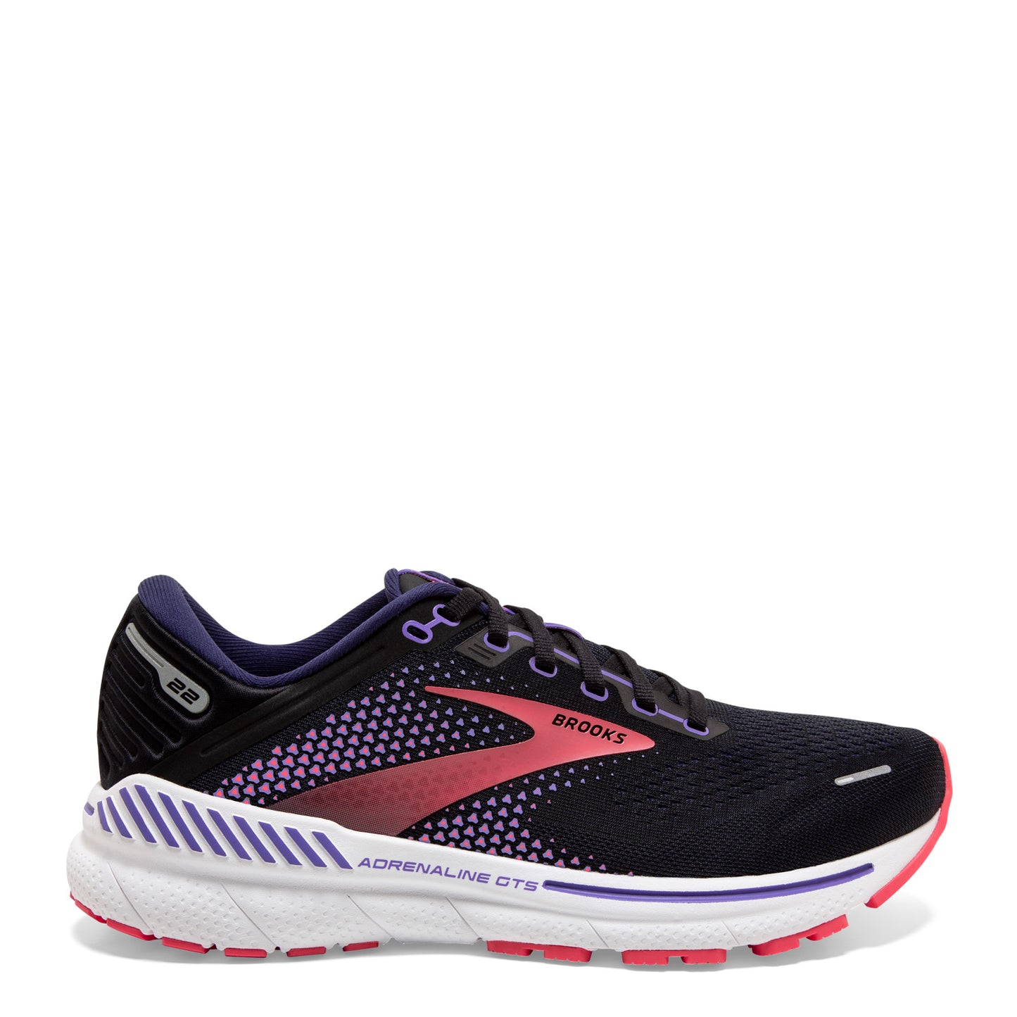 Peltz Shoes  Women's Brooks Adrenaline GTS 22 Running Shoe - Wide Width Black/Purple/Coral 120353 1D 080