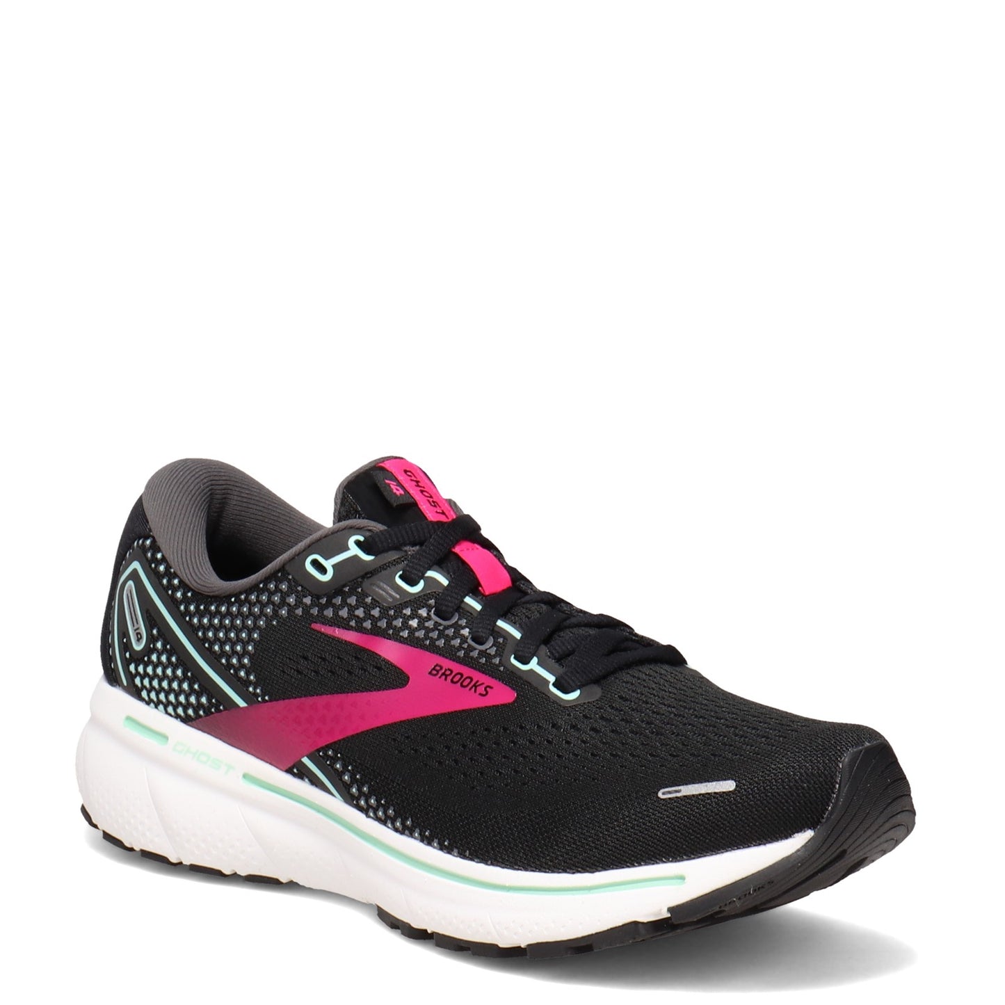 Peltz Shoes  Women's Brooks Ghost 14 Running Shoe BLACK PINK 120356 1B 013
