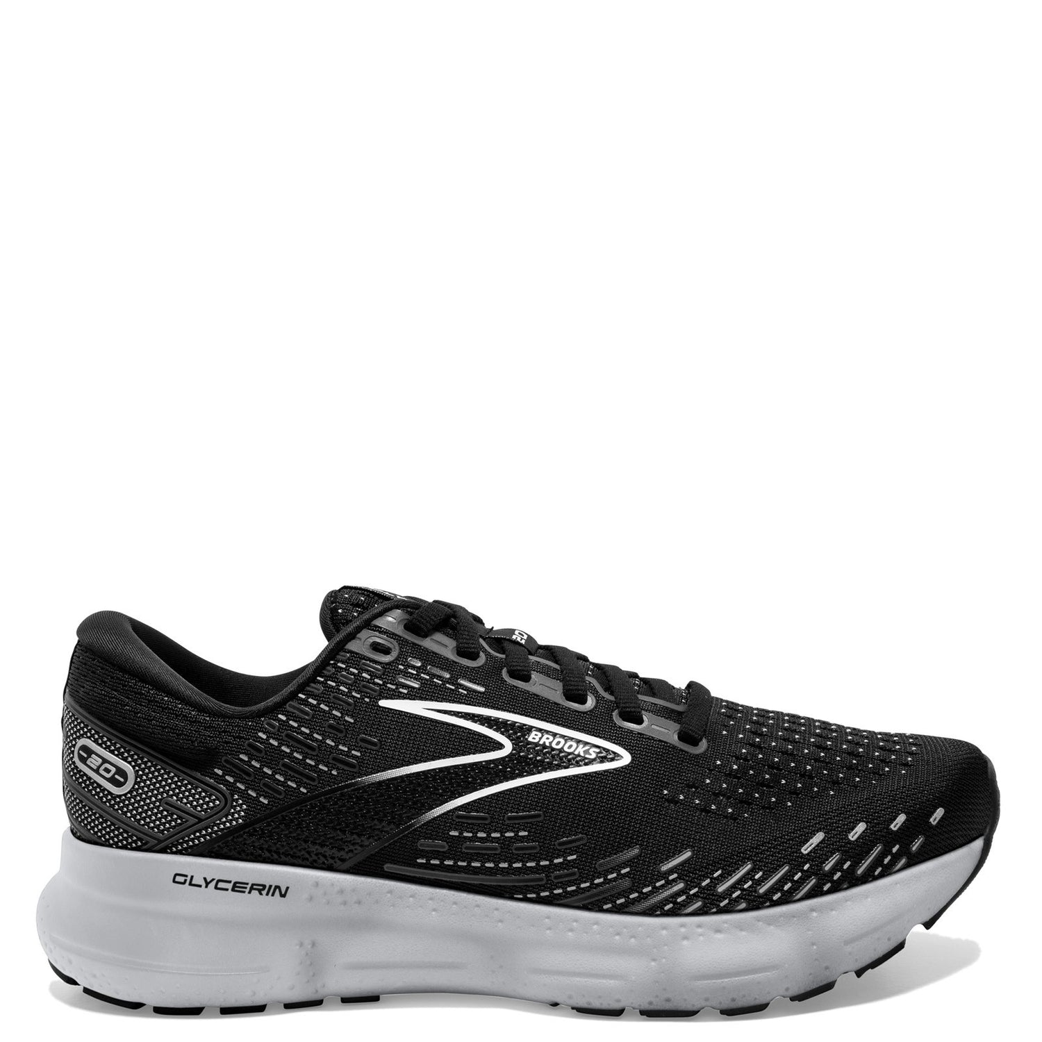 Peltz Shoes  Women's Brooks Glycerin 20 Running Shoe Black/White/Alloy 120369 1B 059