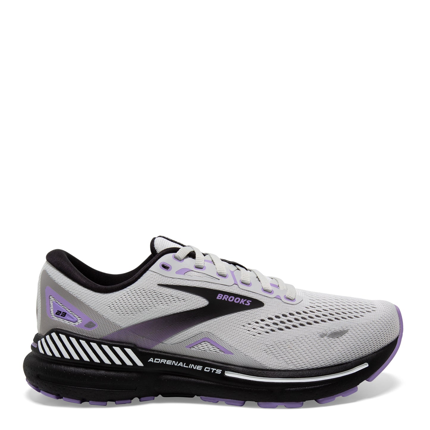 Peltz Shoes  Women's Brooks Adrenaline GTS 23 Running Shoe - Narrow Width Grey/Black/Purple 120381 2A 039