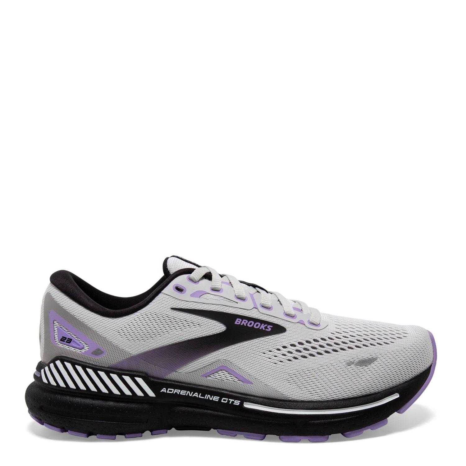 Peltz Shoes  Women's Brooks Adrenaline GTS 23 Running Shoe - Narrow Width Grey/Black/Purple 120381 2A 039