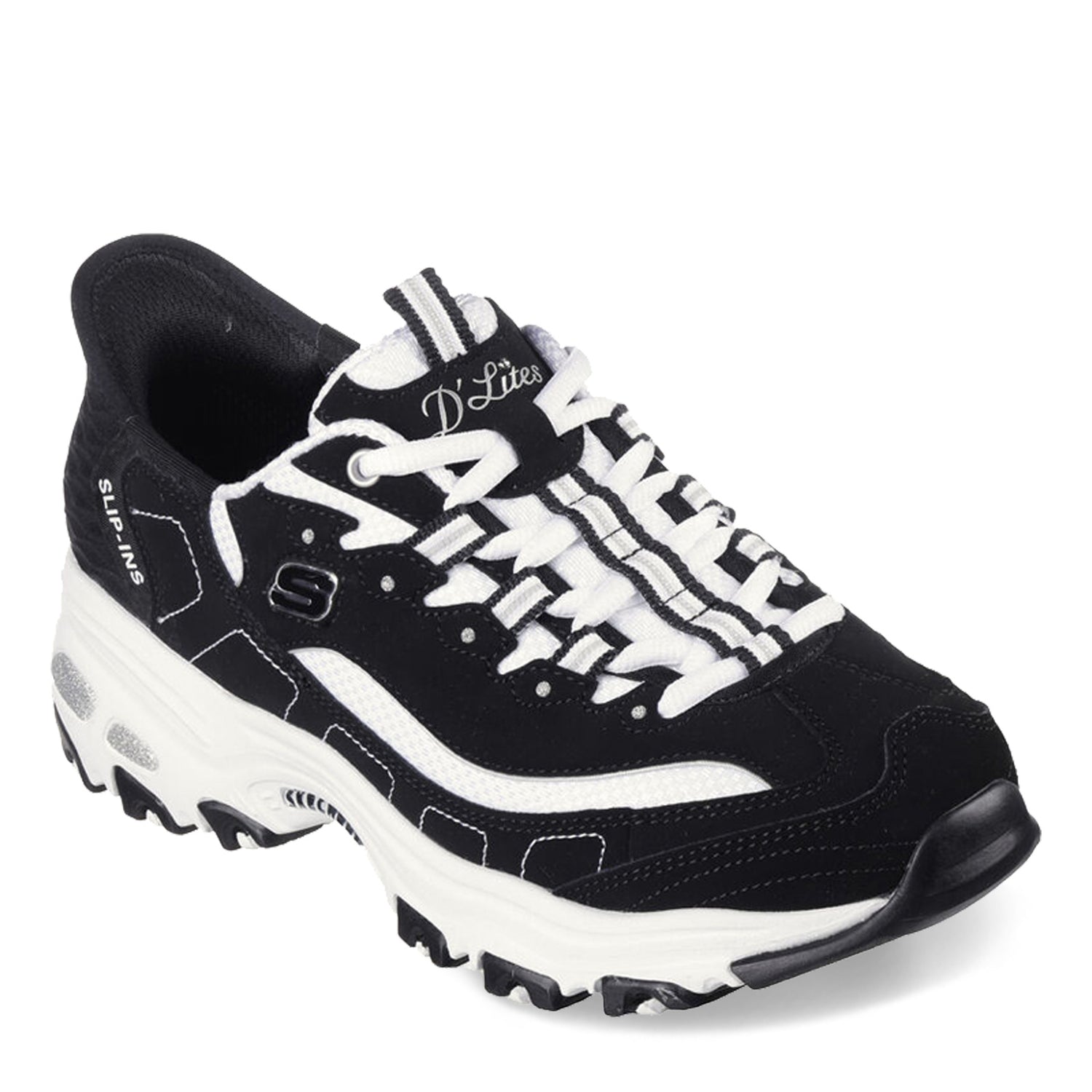 Peltz Shoes  Women's Skechers Slip-ins: D'Lites - New Classic Sneaker BLACK WHT 150030-BKW